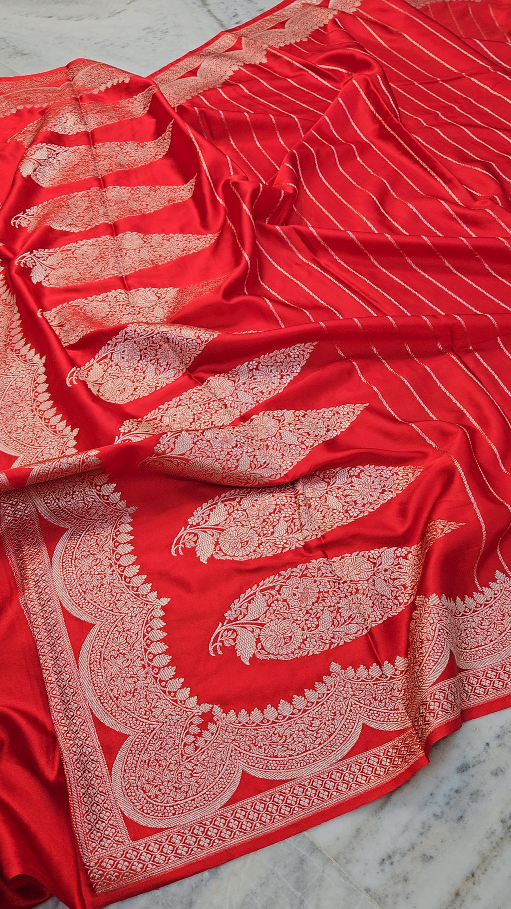 Crimson Red Mashru satin woven banarasi saree