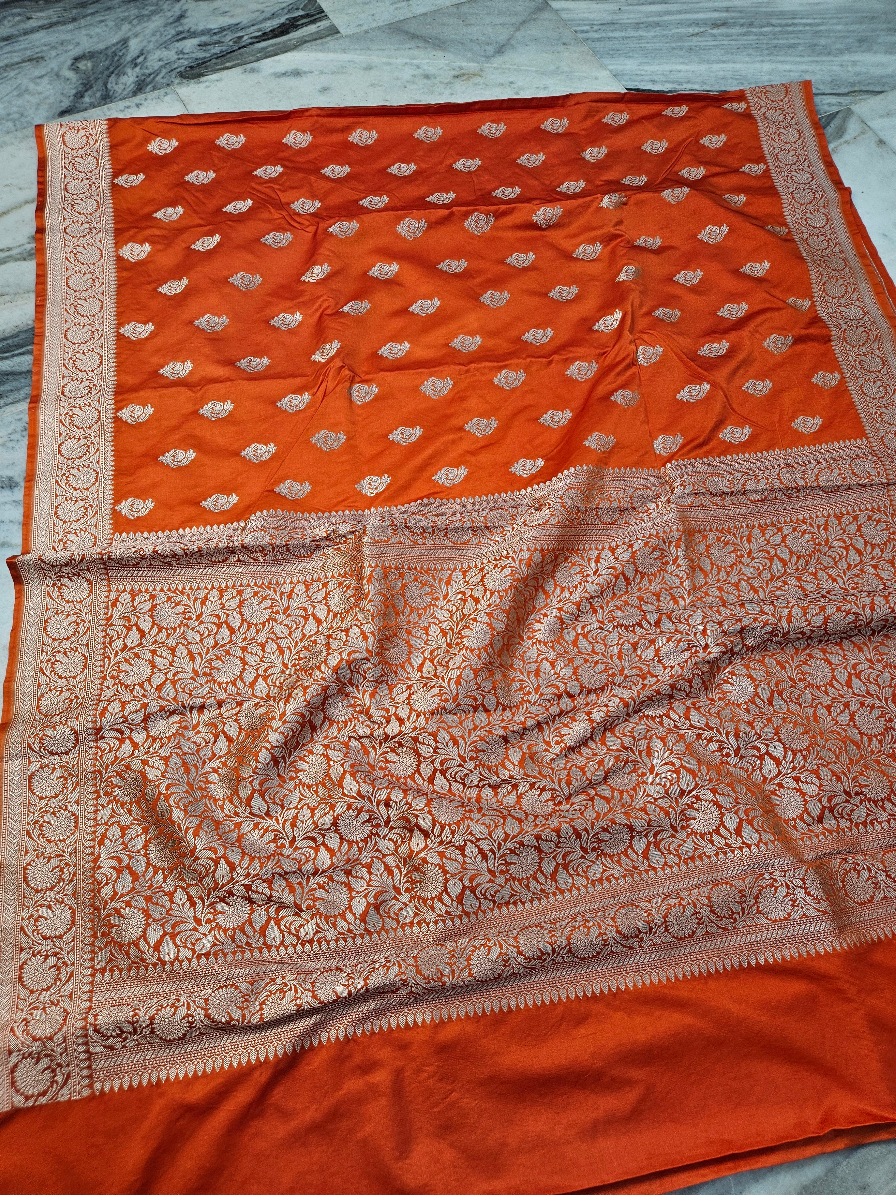 mashru banarasi buta woven saree in orange