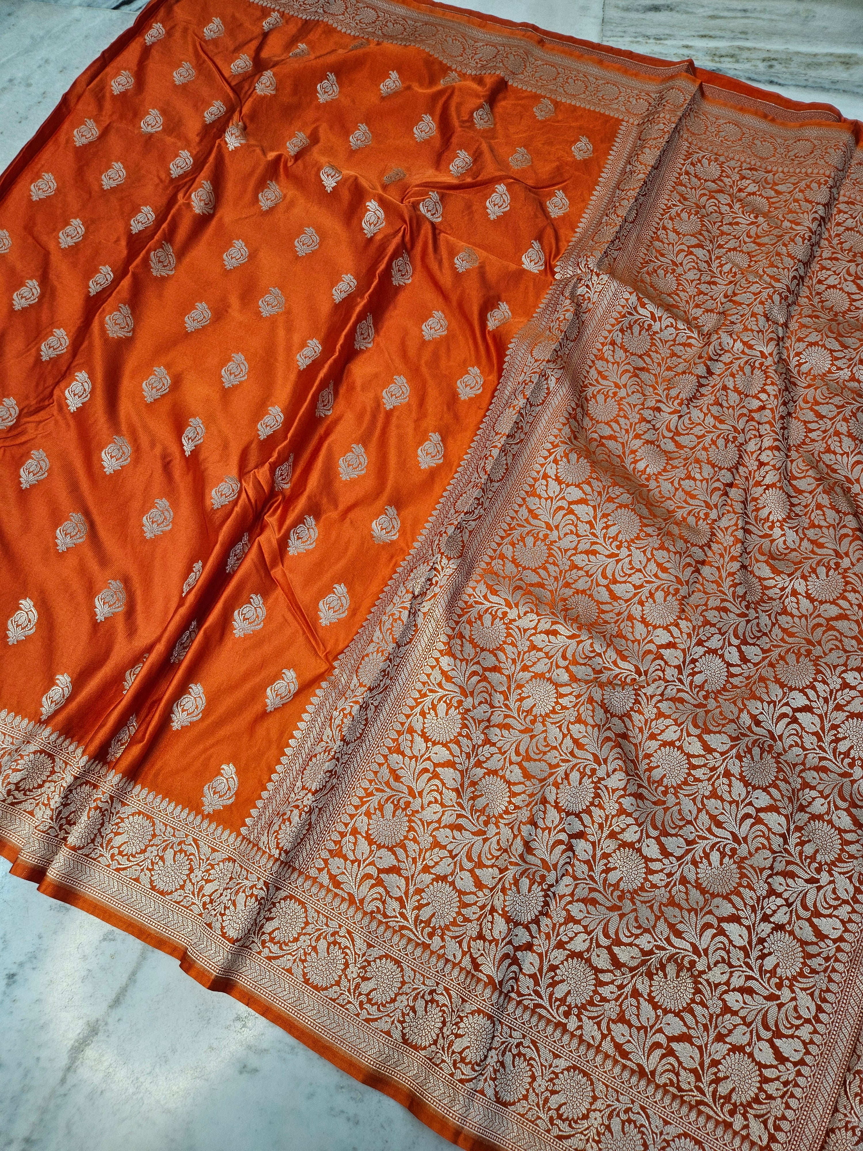 mashru banarasi buta woven saree in orange