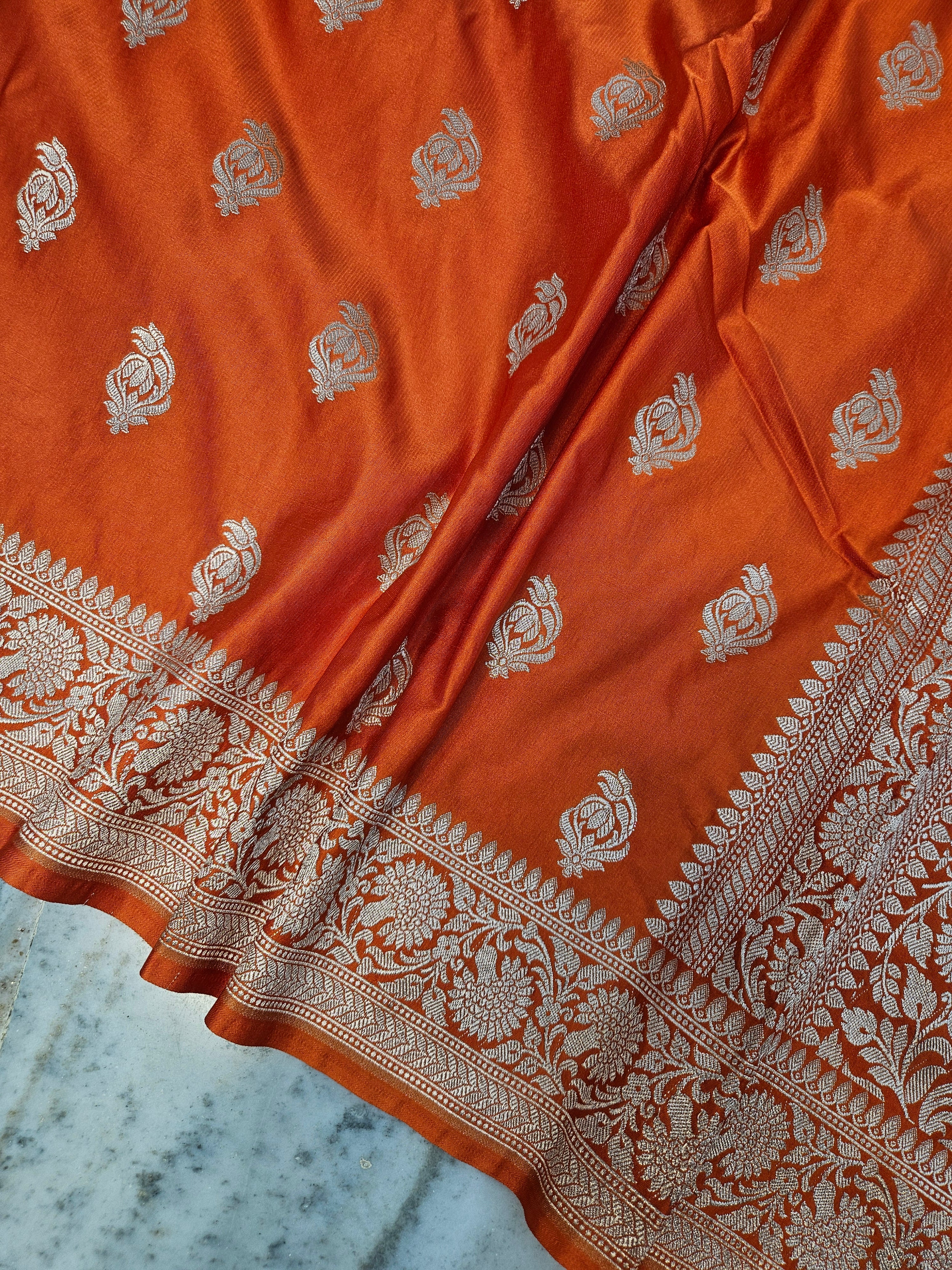 mashru banarasi buta woven saree in orange