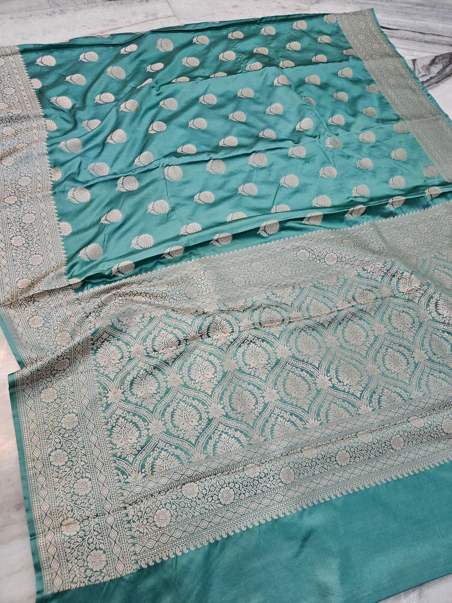 mashru banarasi woven saree in dusty seagreen