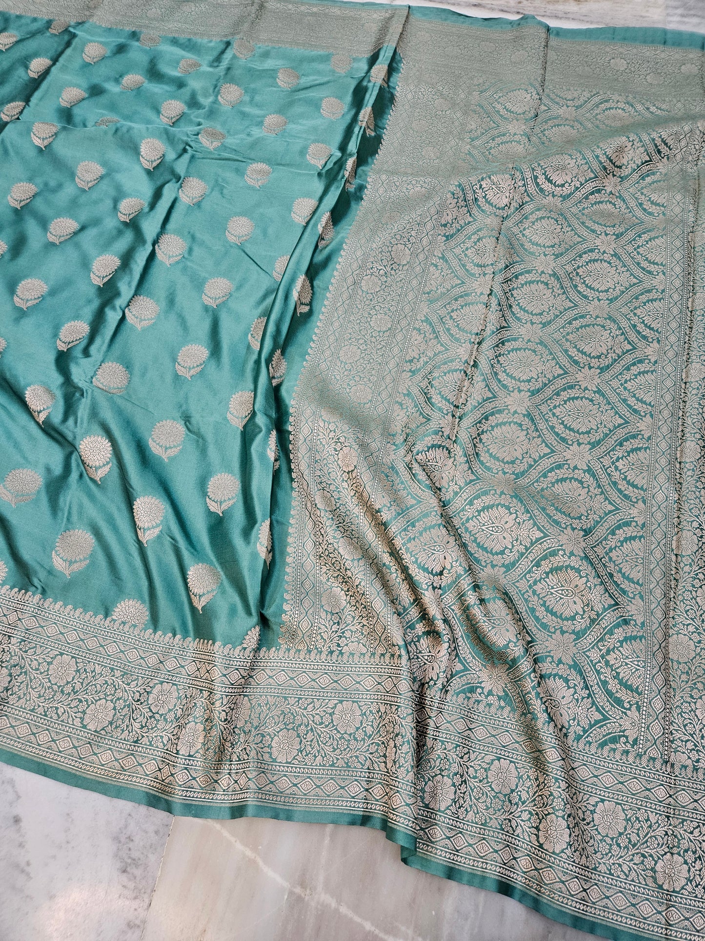 mashru banarasi woven saree in dusty seagreen
