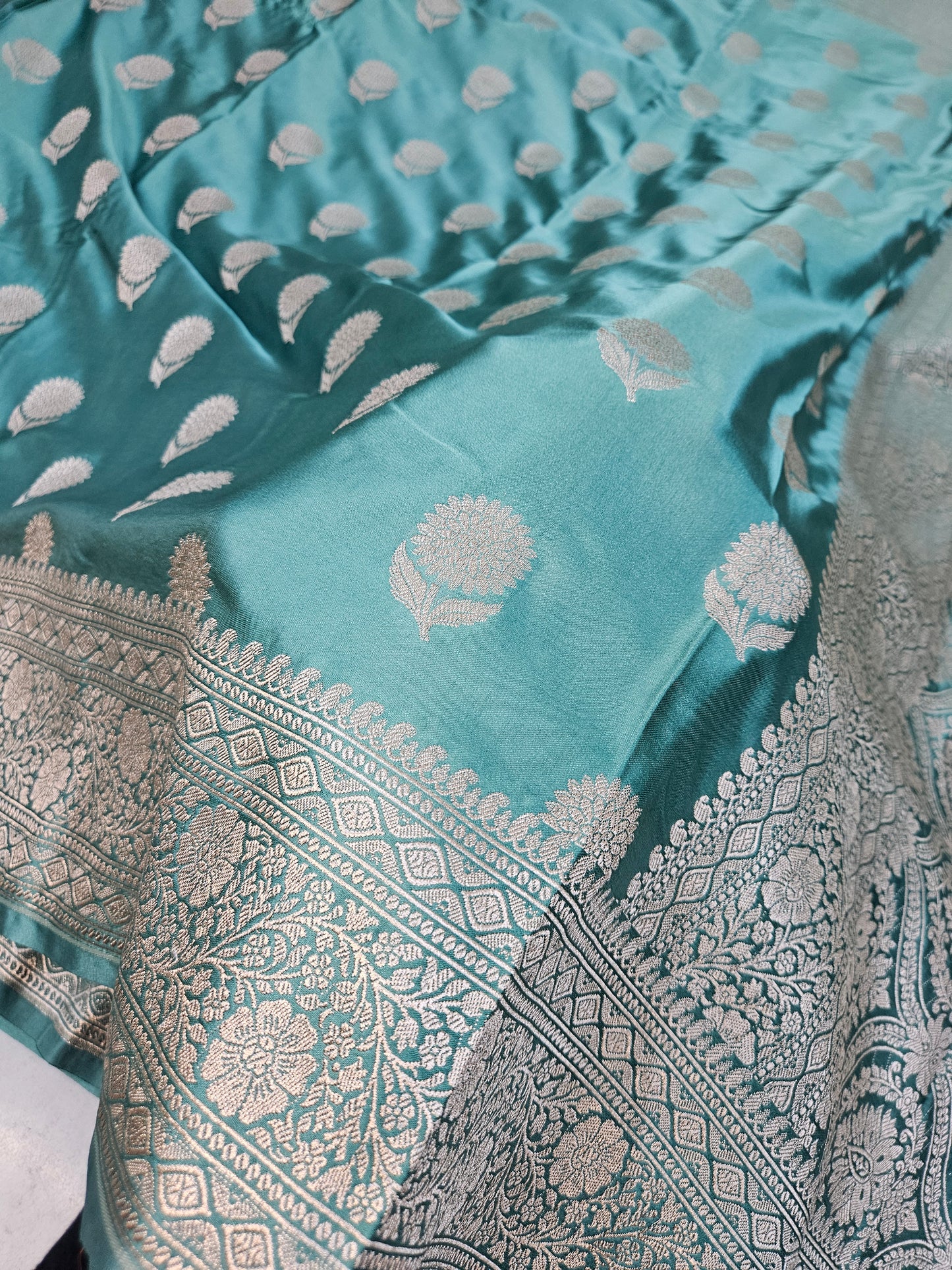 mashru banarasi woven saree in dusty seagreen