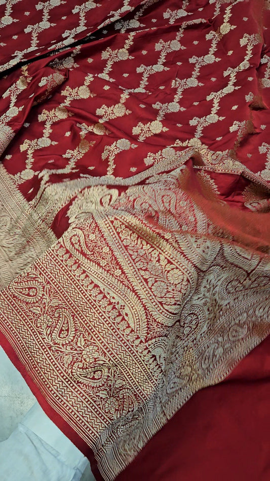 Maroon jungla banarasi faux Mashru katans woven saree