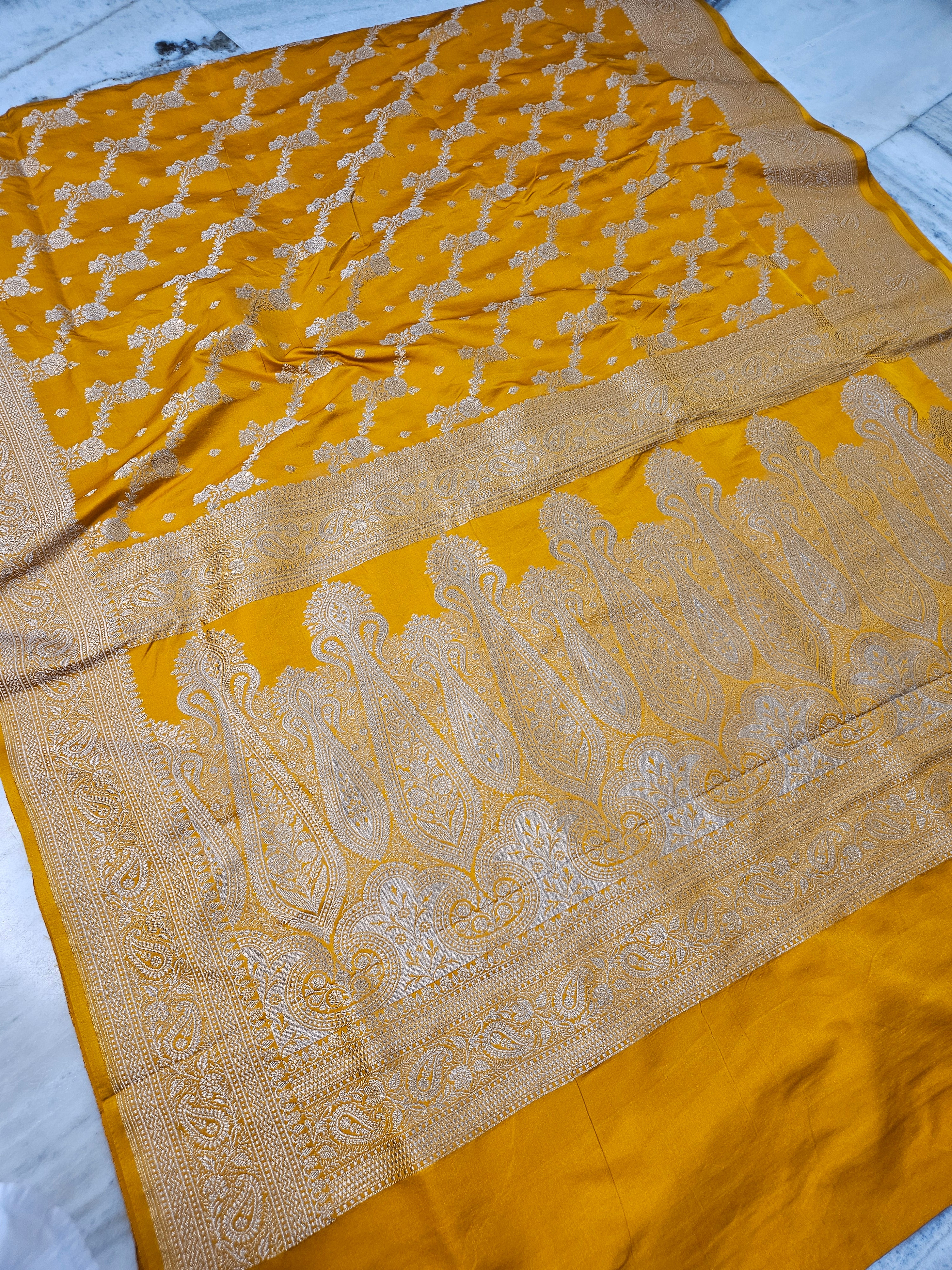 Mustard Yellow faux Mashru katans woven banarasi saree
