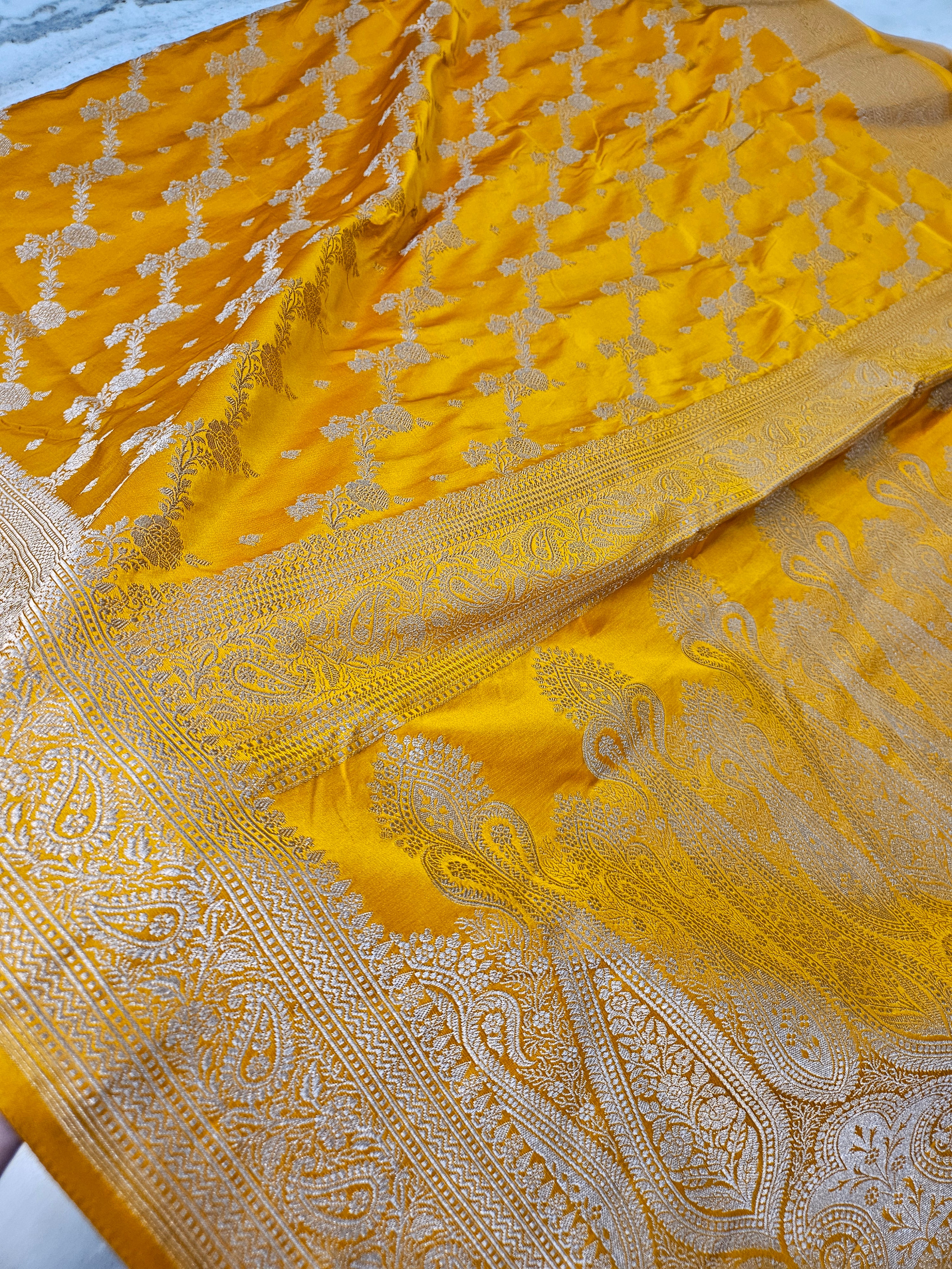 Mustard Yellow faux Mashru katans woven banarasi saree