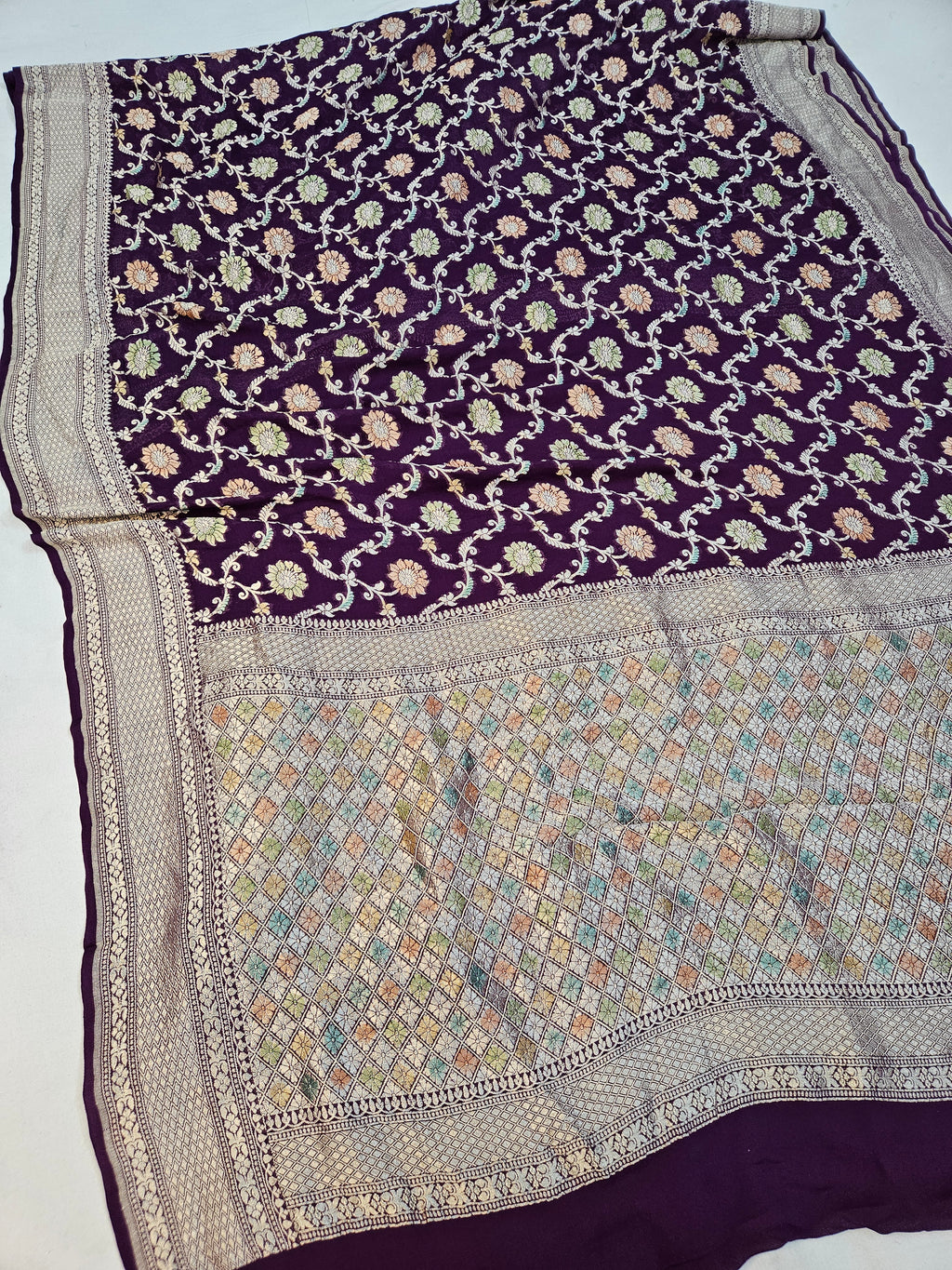 pure georgette silk banarasi handbrush work woven tested zari saree in Deep purple