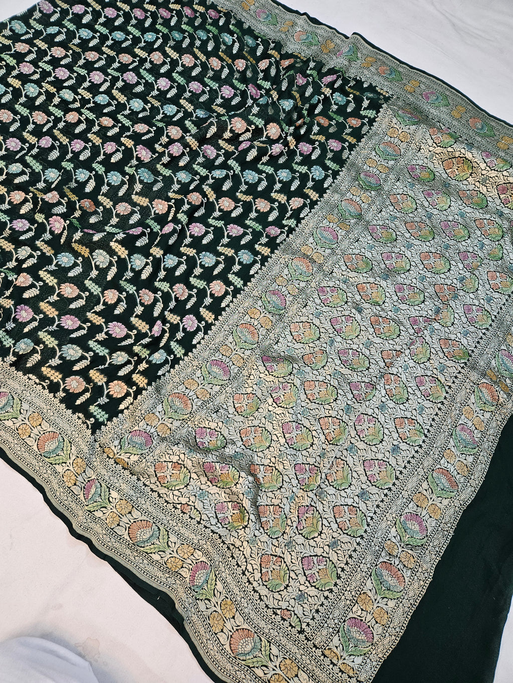 pure georgette silk banarasi handbrush work woven tested zari saree