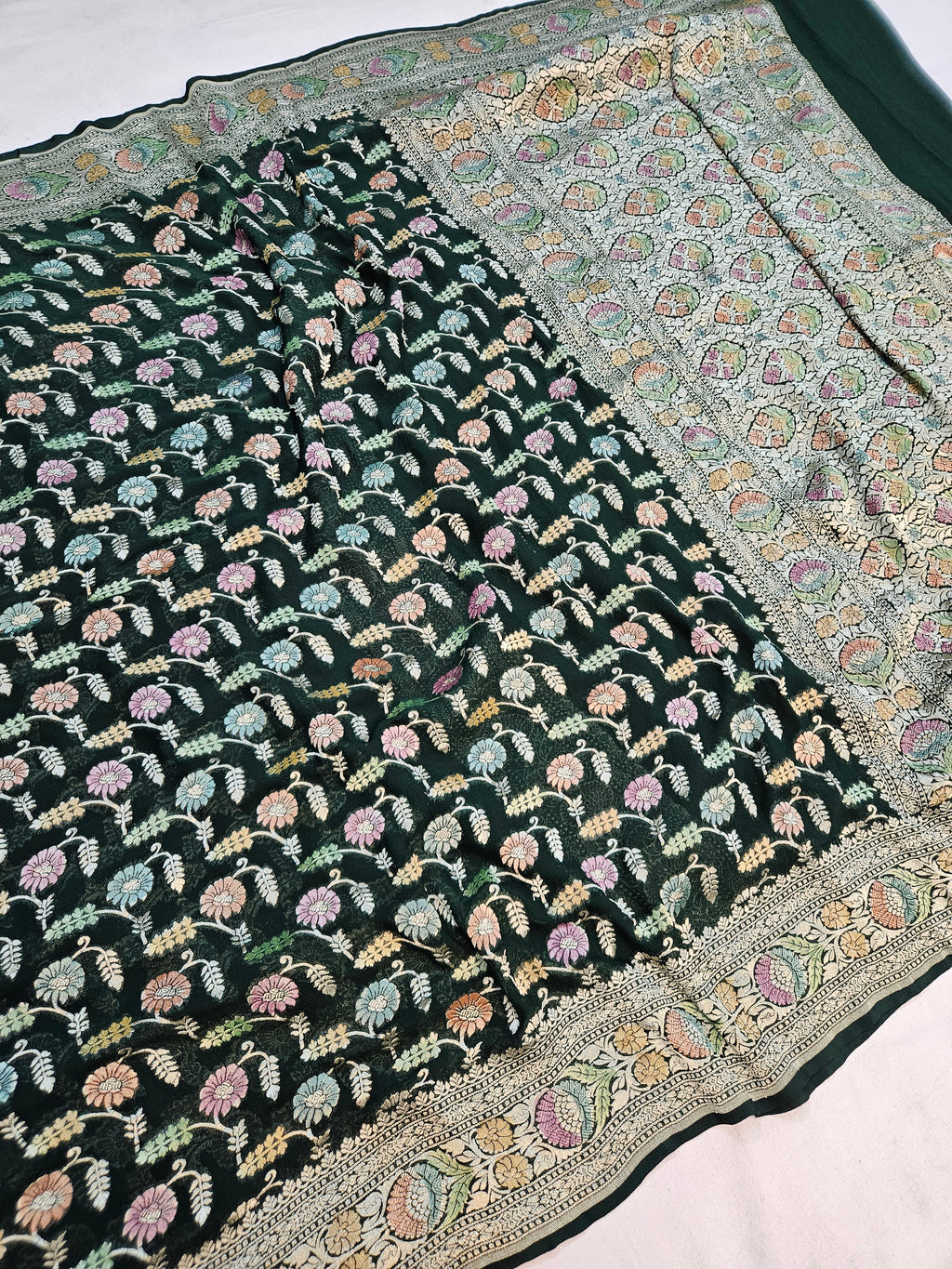 pure georgette silk banarasi handbrush work woven tested zari saree