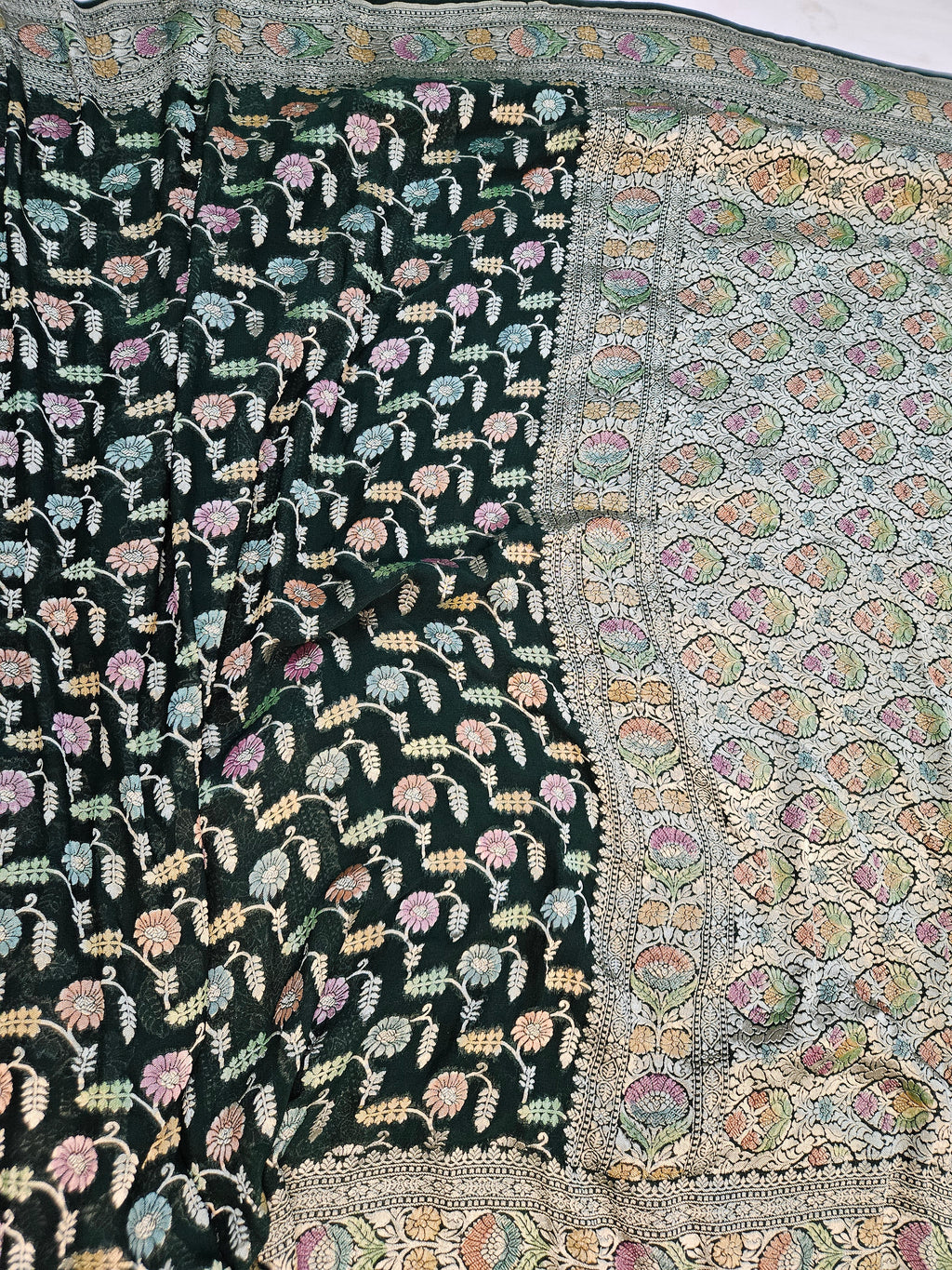 pure georgette silk banarasi handbrush work woven tested zari saree