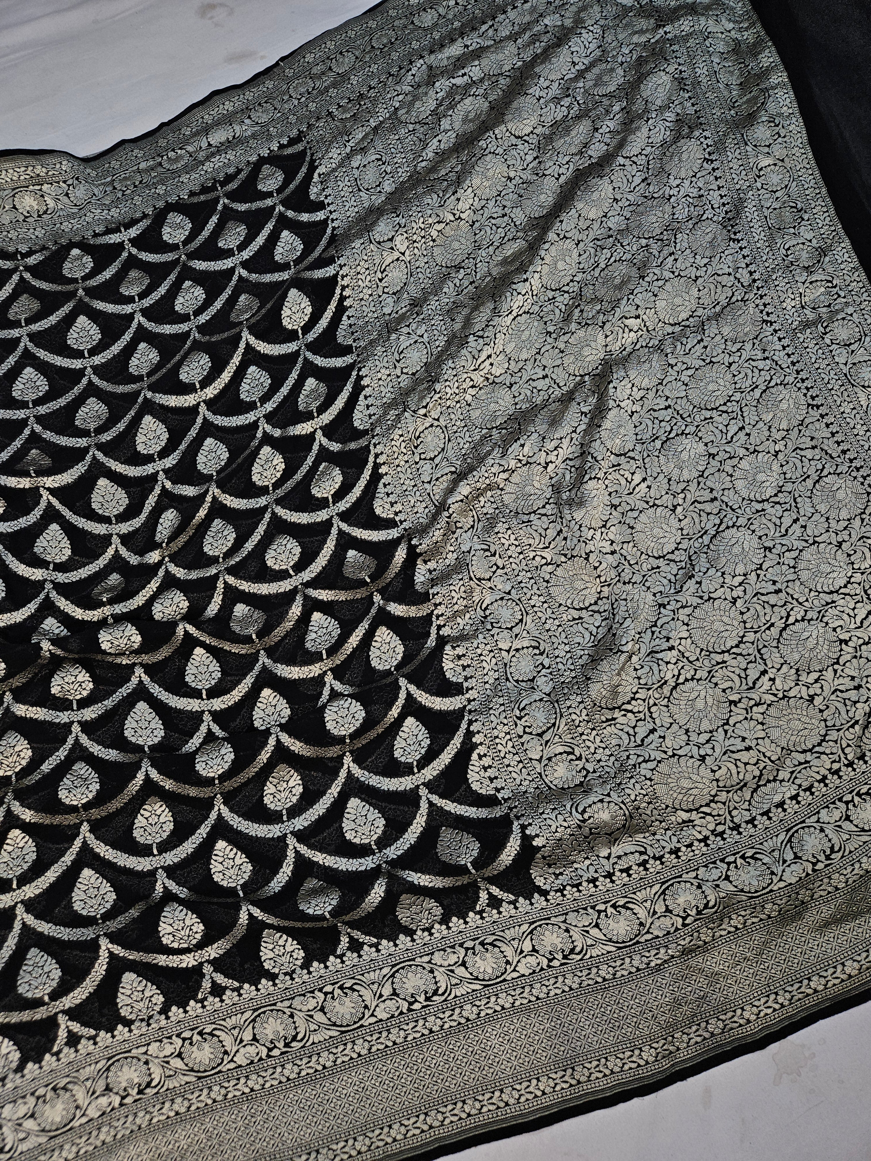 pure georgette silk jaal buta woven tested zari banarasi saree in Premium black