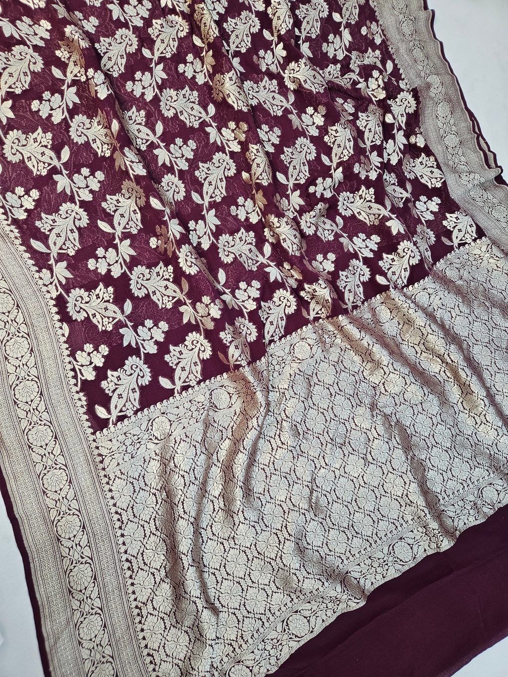 banarasi pure georgette silk woven tested zari saree in Deep maroon