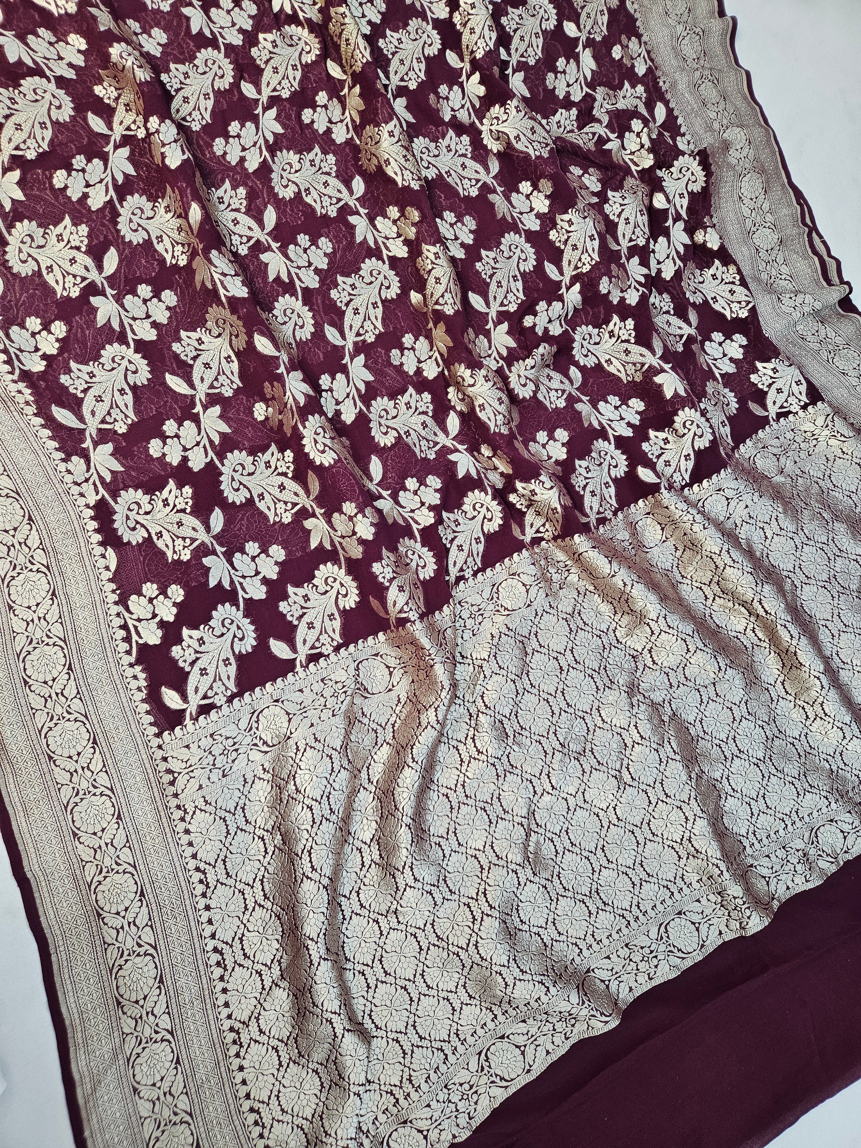 banarasi pure georgette silk woven tested zari saree in Deep maroon