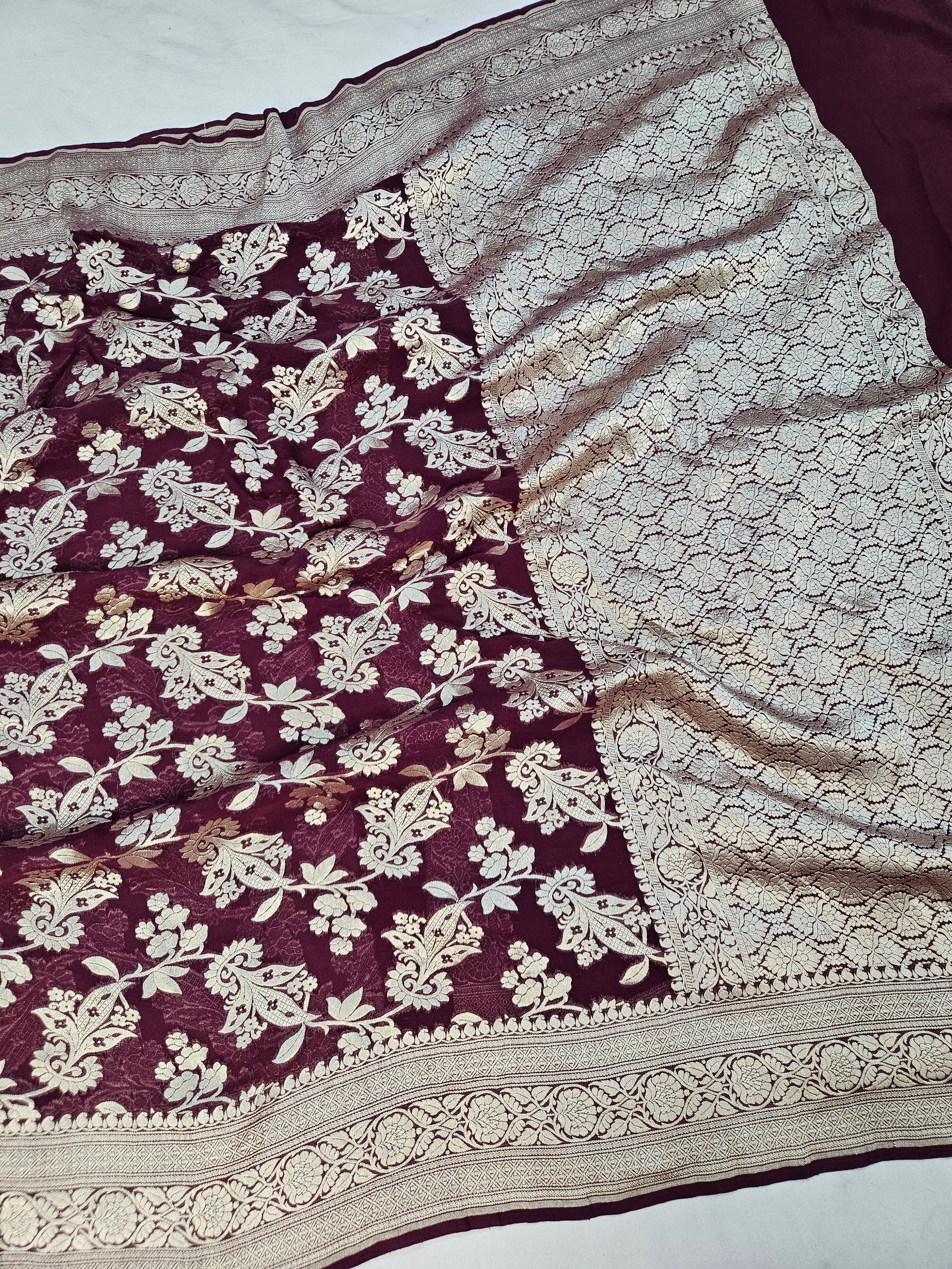 banarasi pure georgette silk woven tested zari saree in Deep maroon