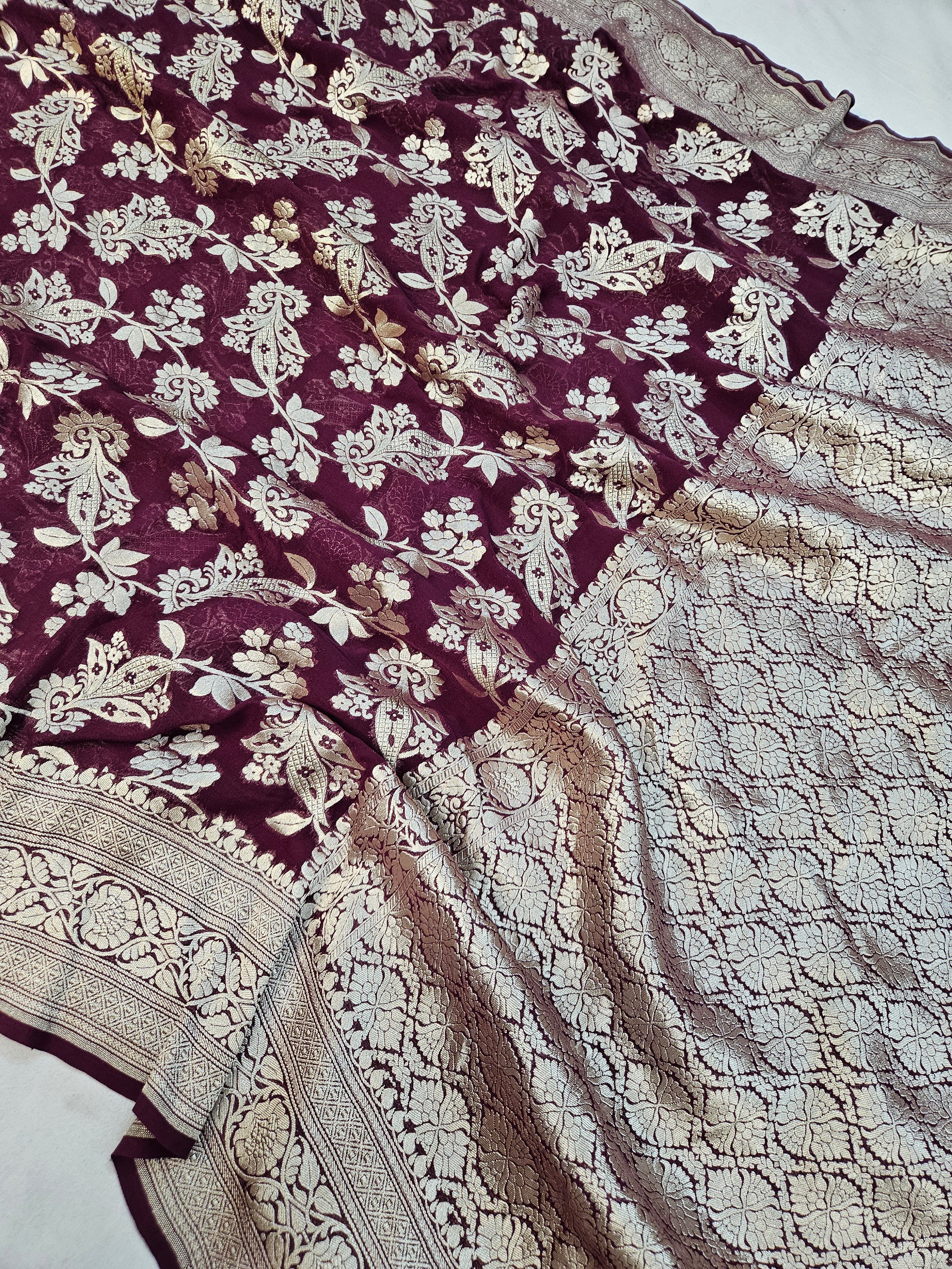 banarasi pure georgette silk woven tested zari saree in Deep maroon