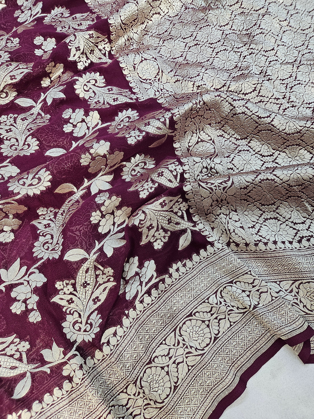 banarasi pure georgette silk woven tested zari saree in Deep maroon