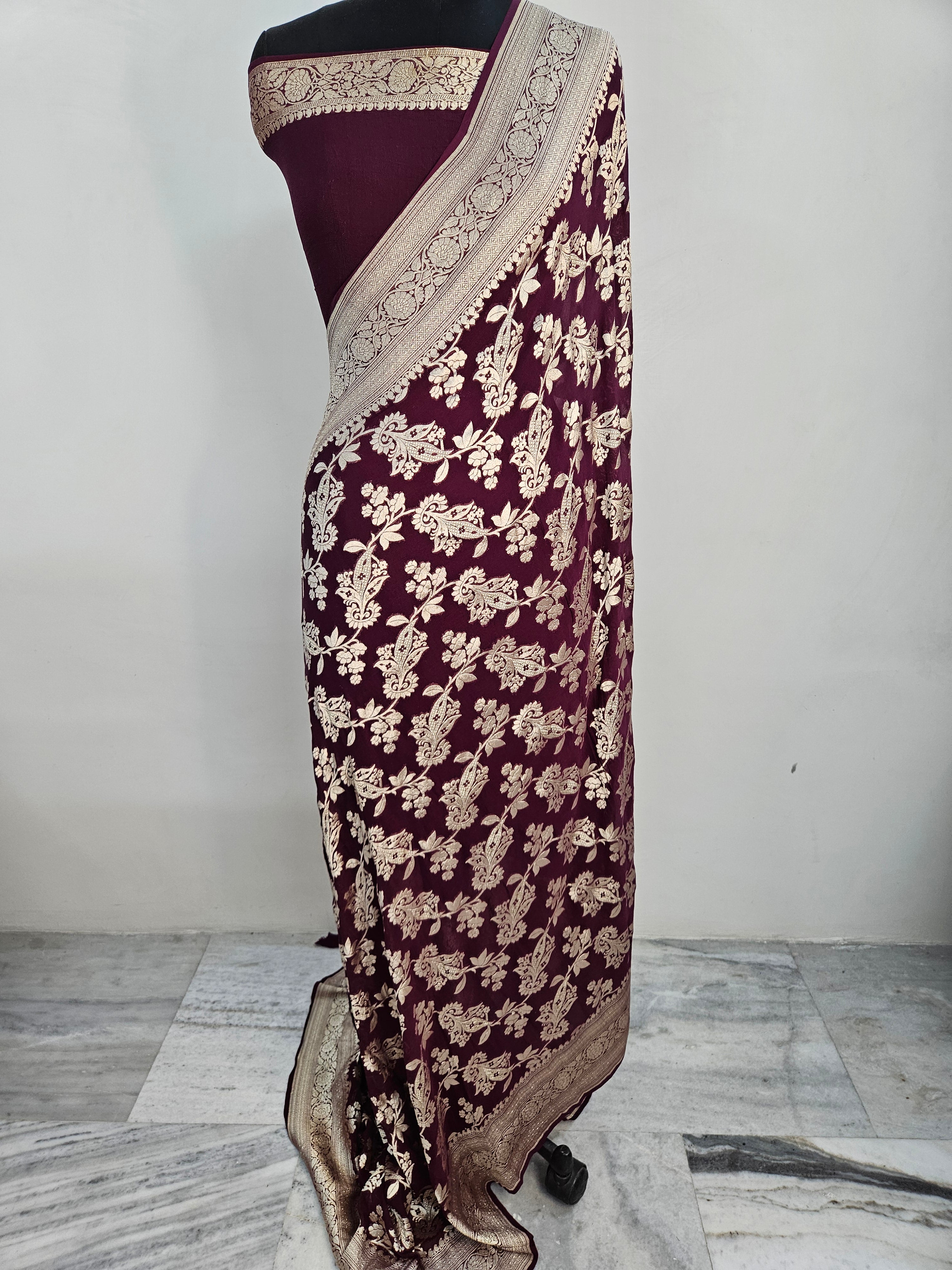 banarasi pure georgette silk woven tested zari saree in Deep maroon