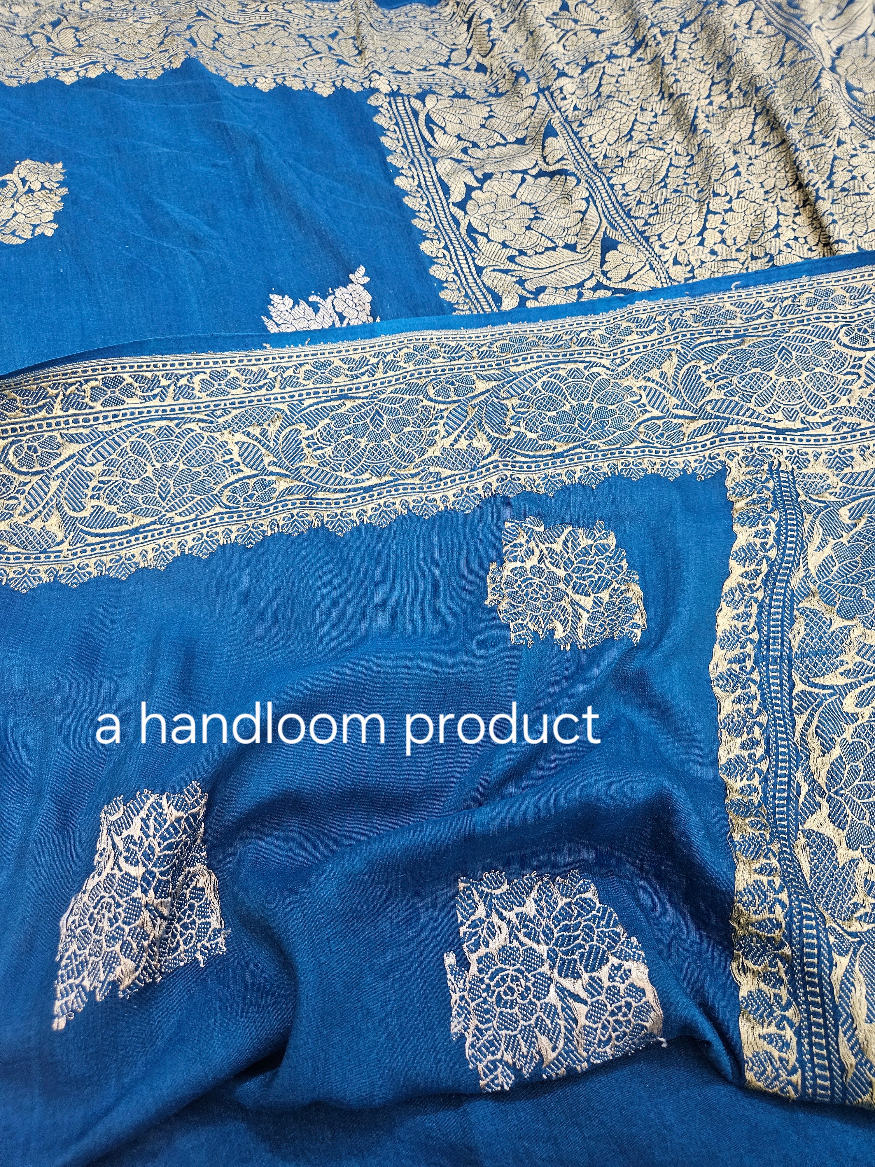 handloom pure moonga silk banarasi saree in Blue