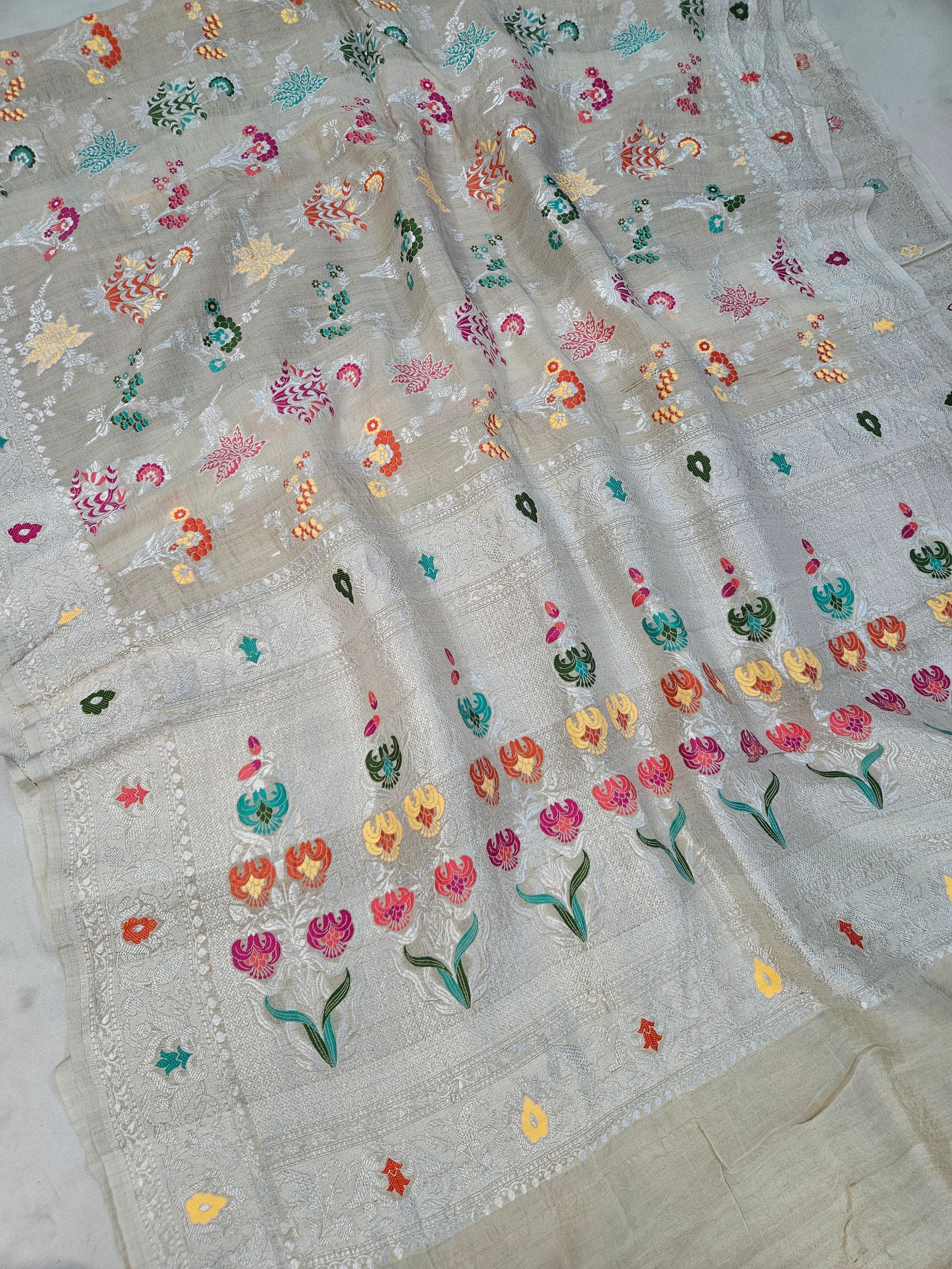 pure tussar silk banarasi meena woven saree in Tussar natural