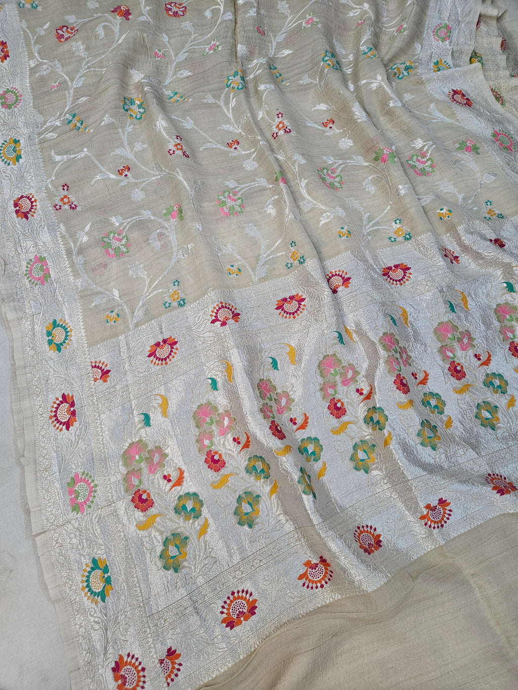 pure tussar silk banarasi meena woven saree in Natural cream 