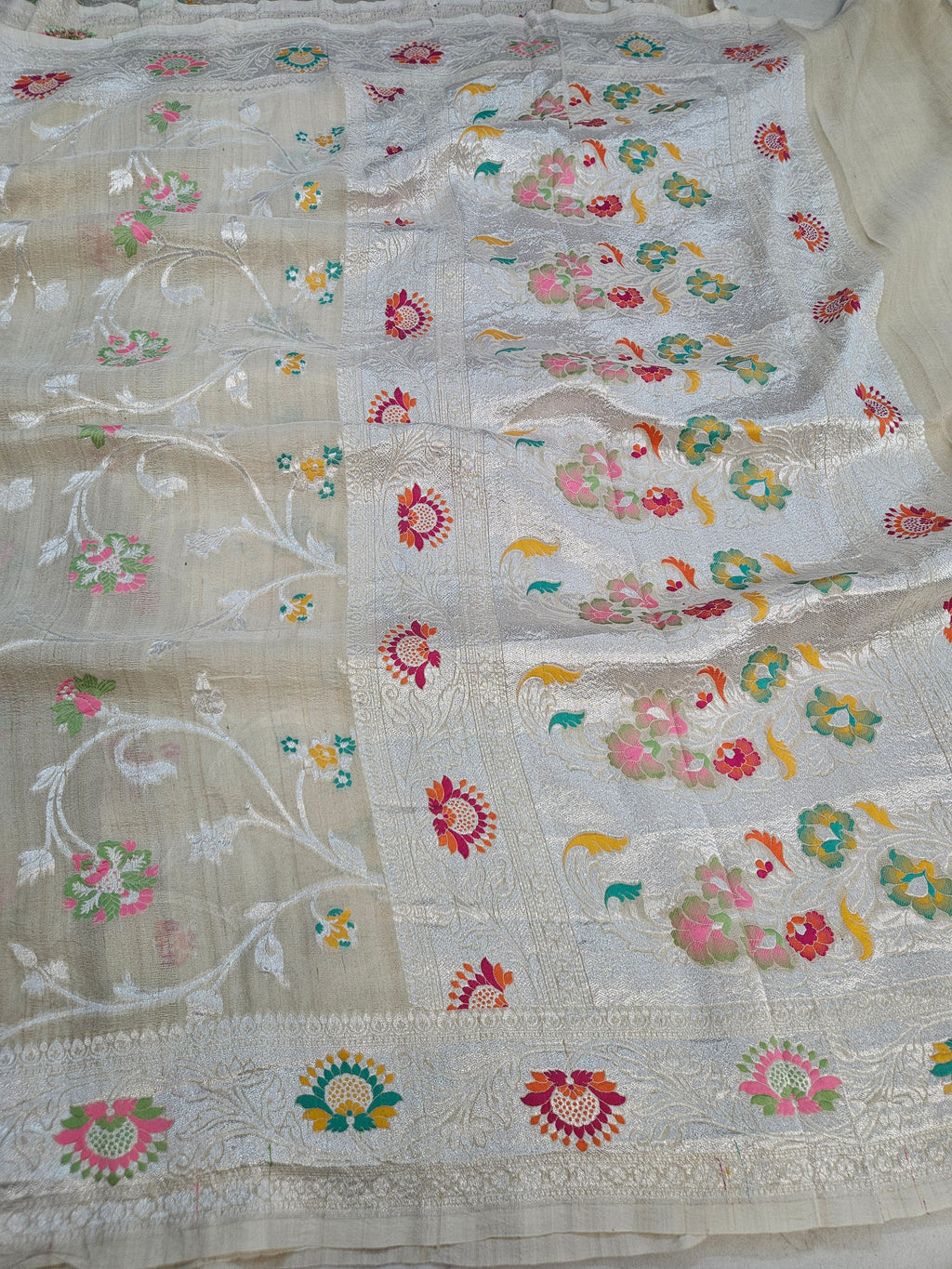 pure tussar silk banarasi meena woven saree in Natural cream 