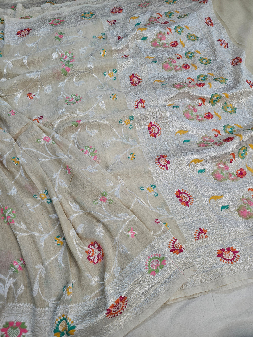 pure tussar silk banarasi meena woven saree in Natural cream 