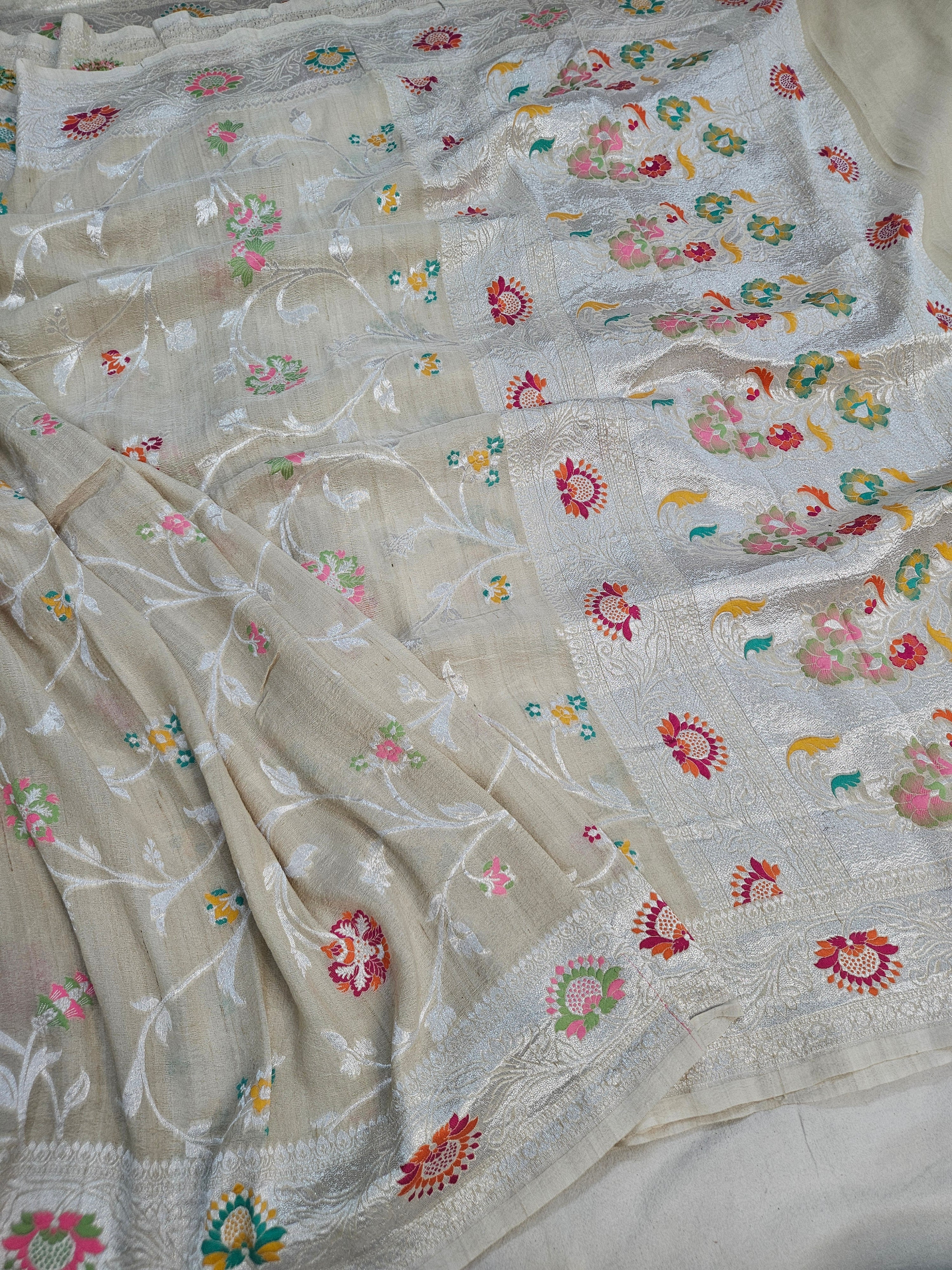pure tussar silk banarasi meena woven saree in Natural cream 