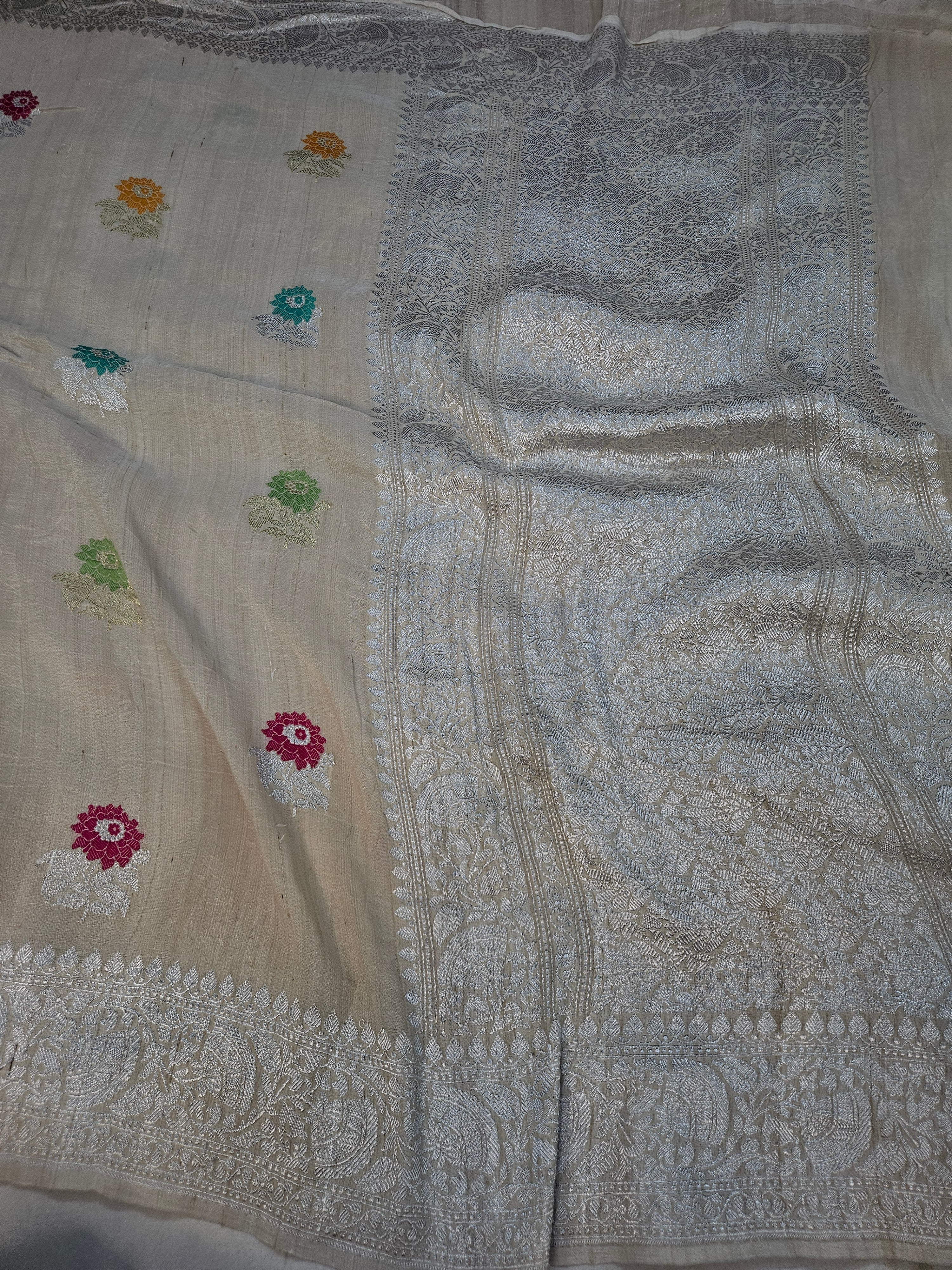 pure tussar silk handloom banarasi meena woven saree in Natural tussar