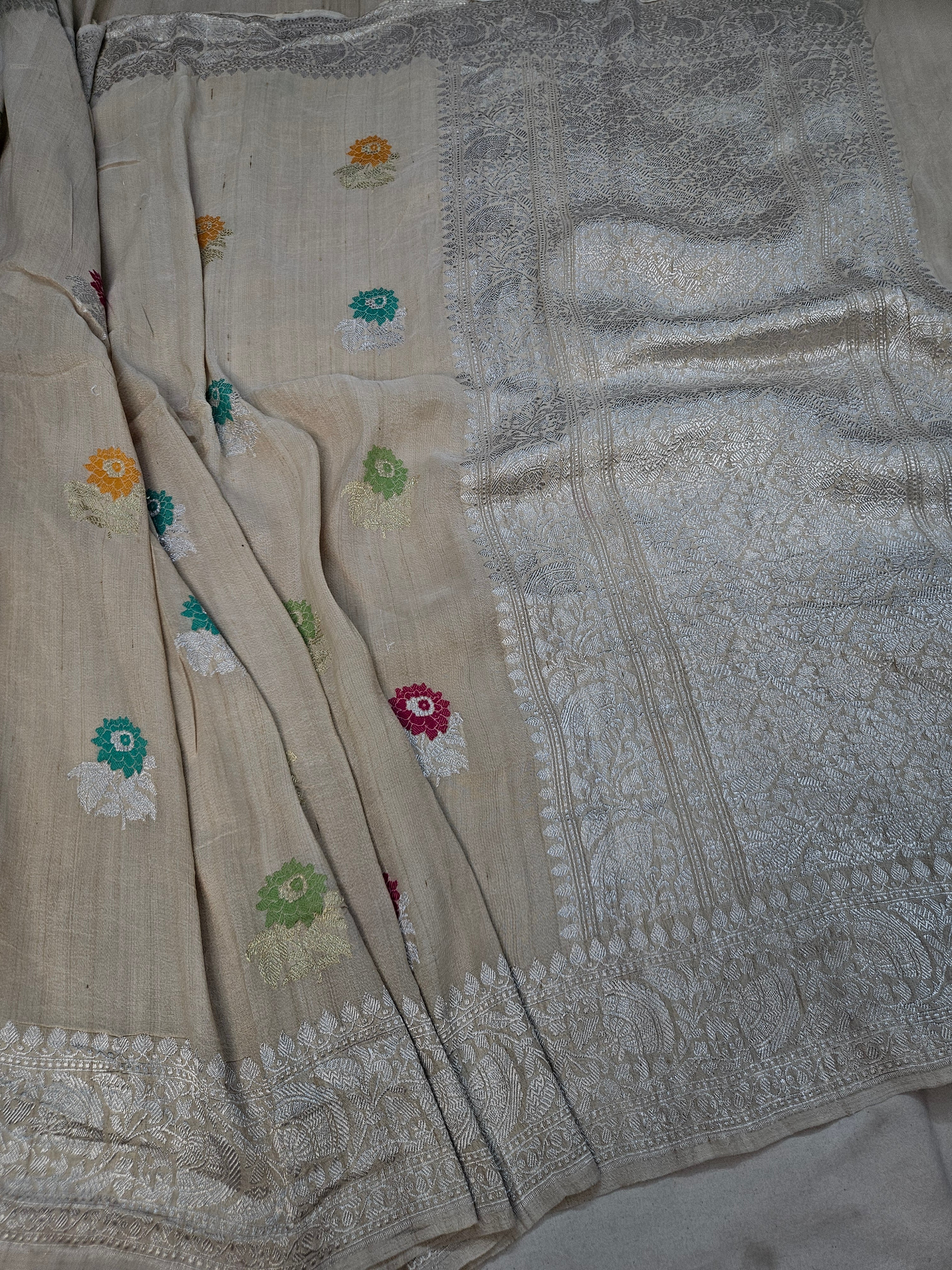 pure tussar silk handloom banarasi meena woven saree in Natural tussar