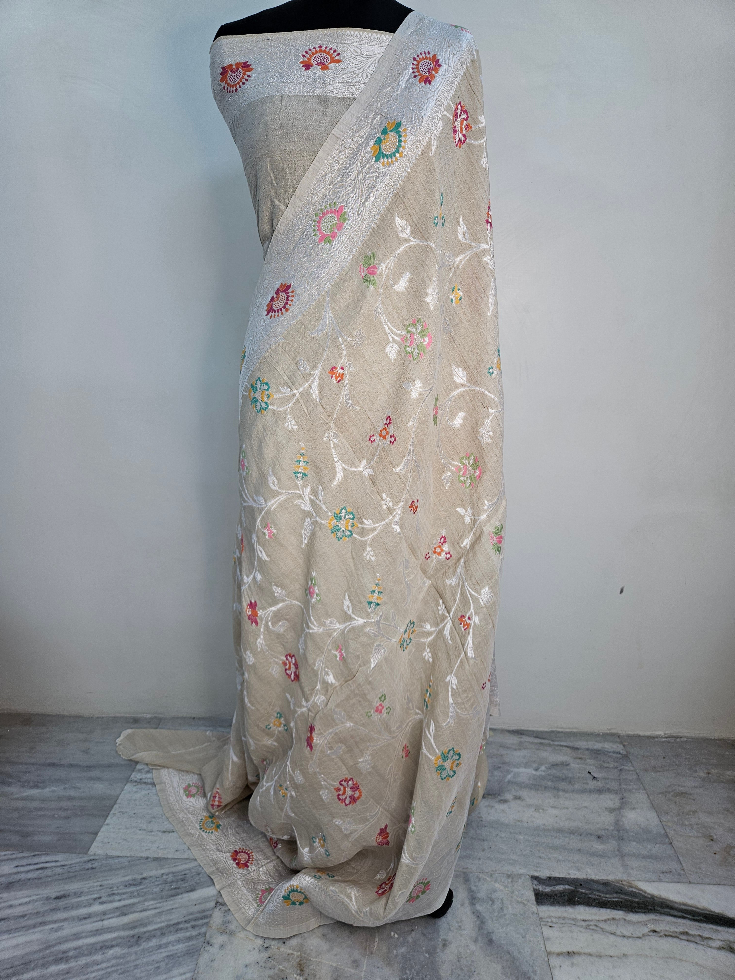 pure tussar silk banarasi meena woven saree in Natural cream 