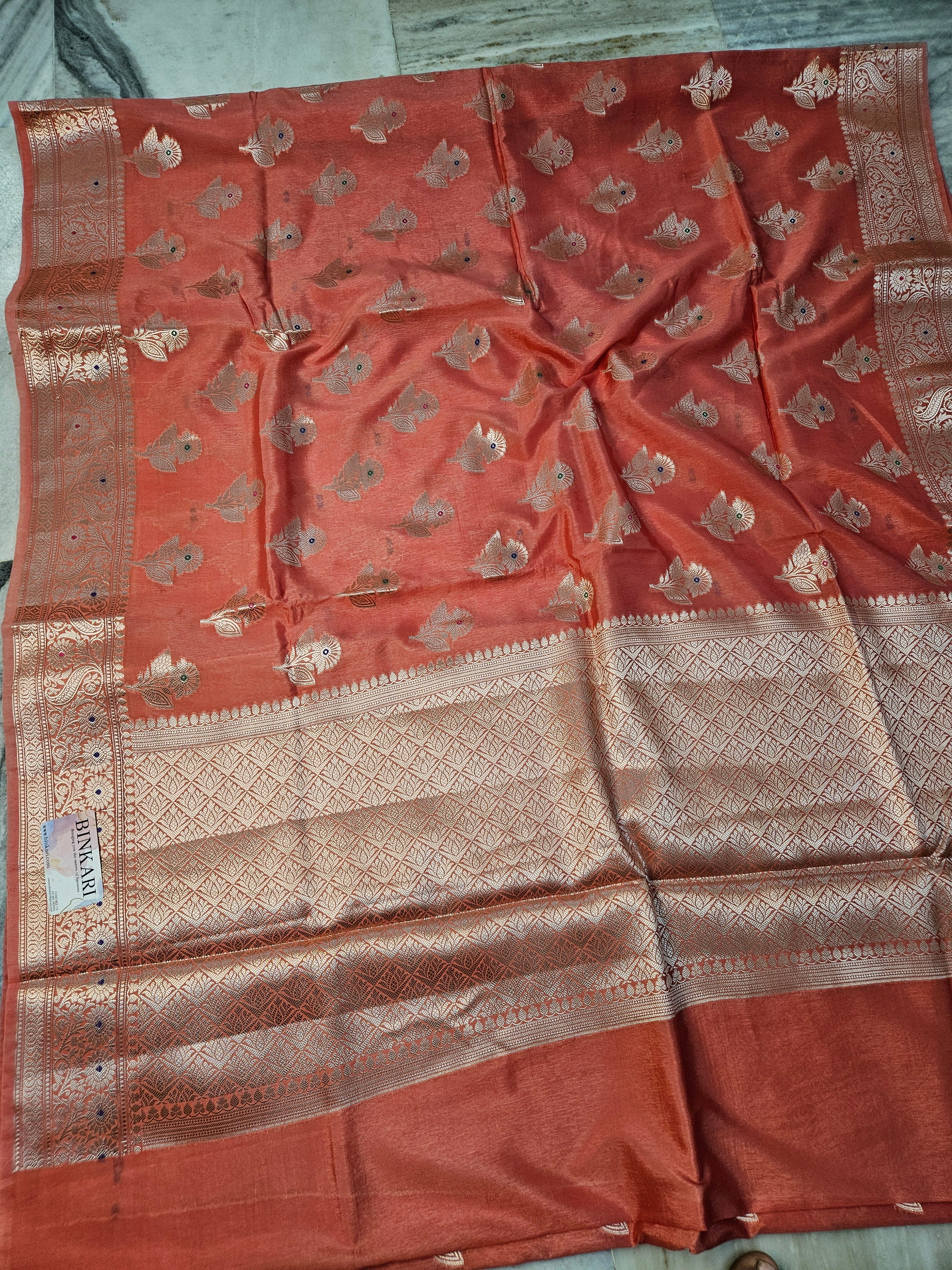 Visocse Georgette Faux Tilfee Buti Weave Royal Peach Banarasi Saree