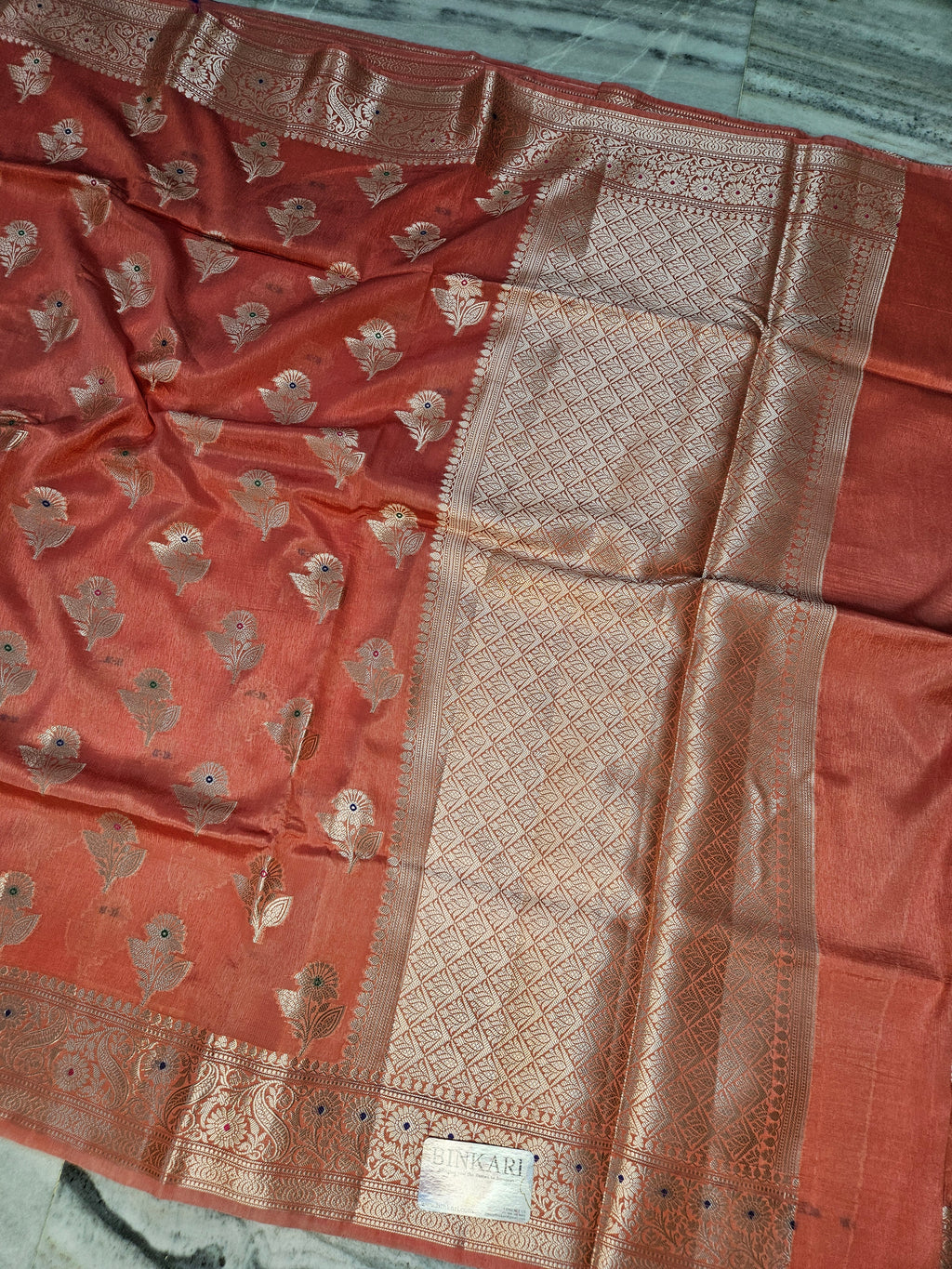 Visocse Georgette Faux Tilfee Buti Weave Royal Peach Banarasi Saree