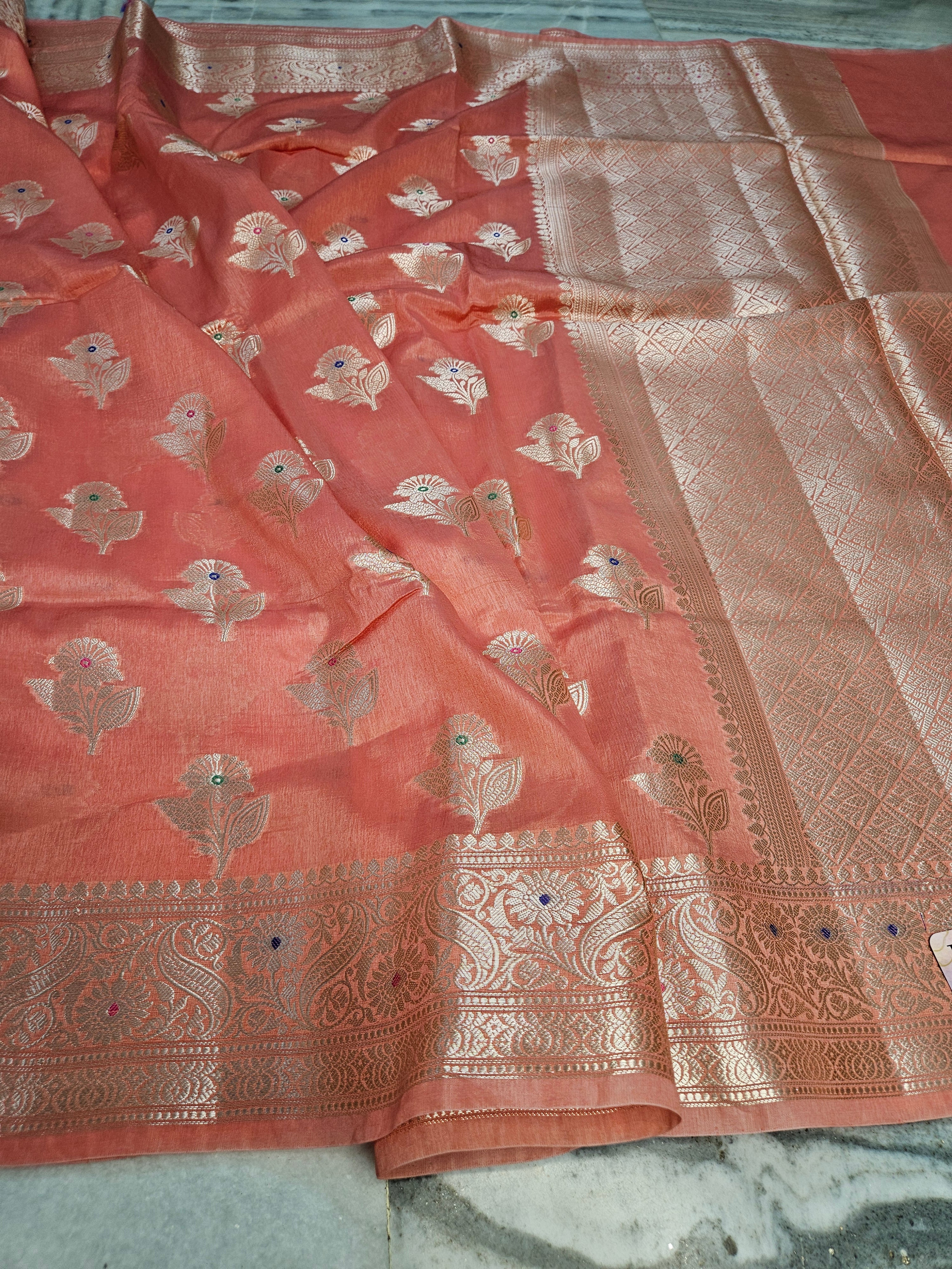 Visocse Georgette Faux Tilfee Buti Weave Royal Peach Banarasi Saree