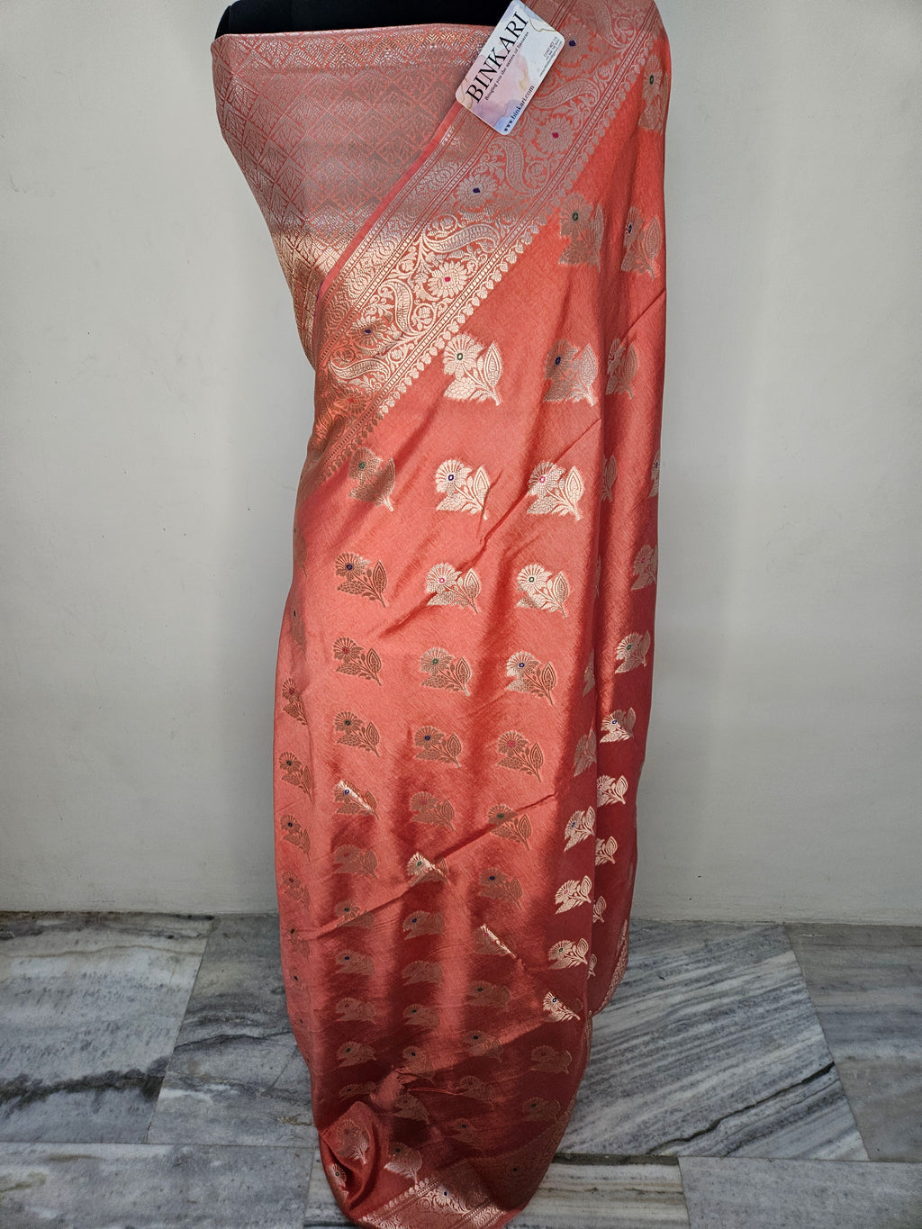 Visocse Georgette Faux Tilfee Buti Weave Royal Peach Banarasi Saree