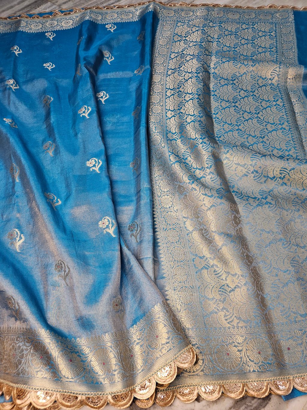 Firozi Blue Rajkumari Tissue Banarasi Silky Riwaayat faux Saree