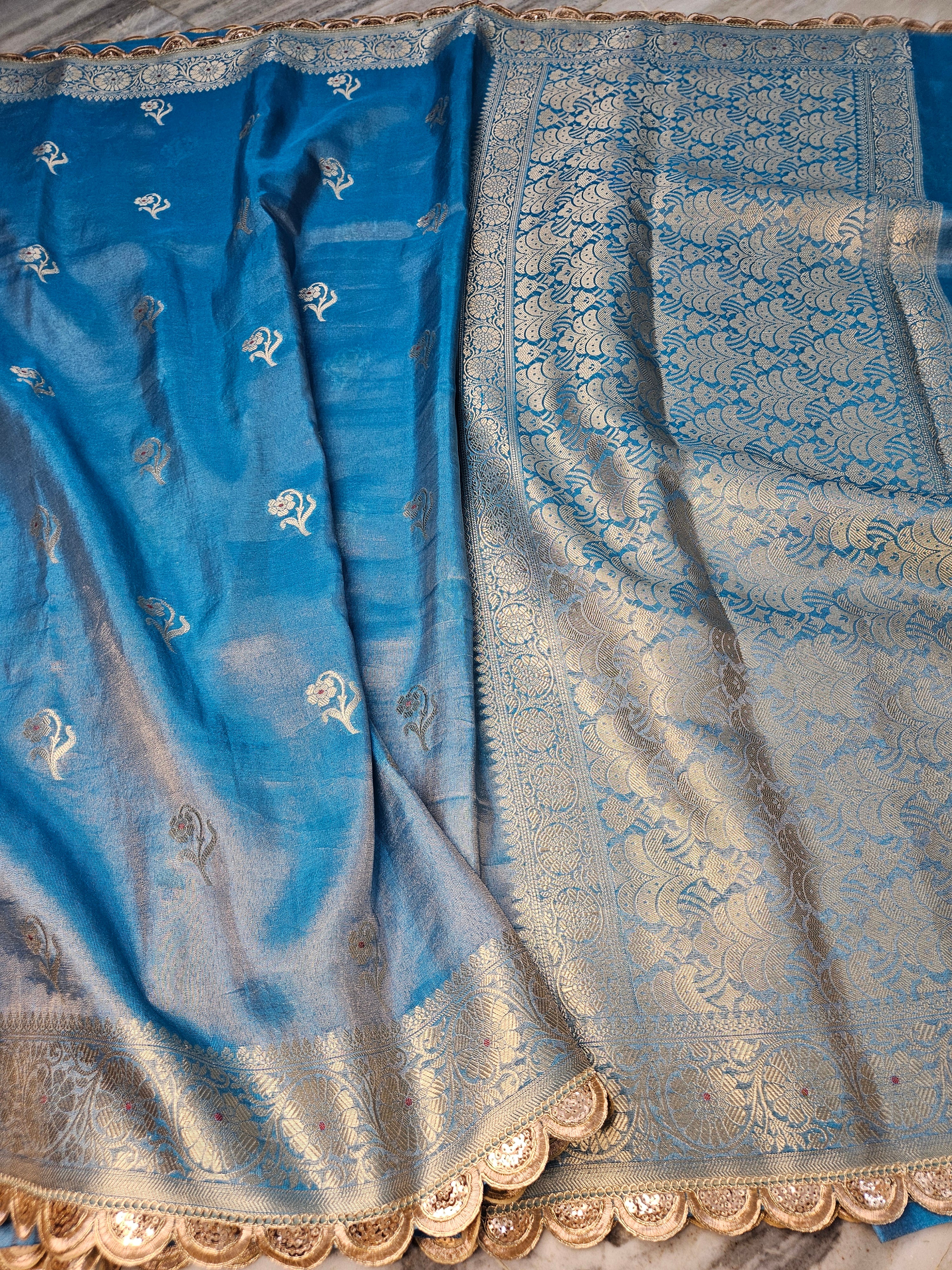 Firozi Blue Rajkumari Tissue Banarasi Silky Riwaayat faux Saree