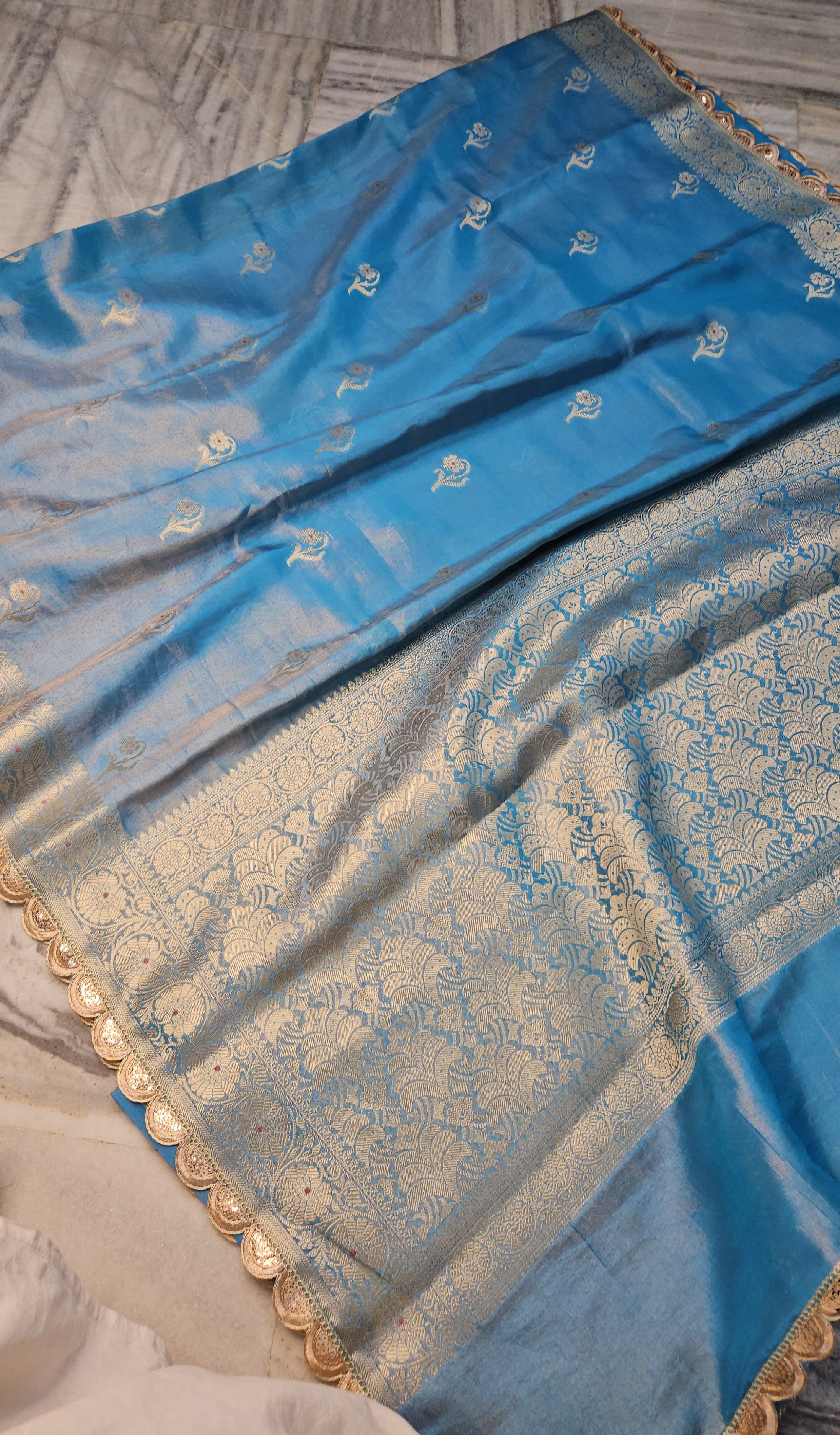 Firozi Blue Rajkumari Tissue Banarasi Silky Riwaayat faux Saree