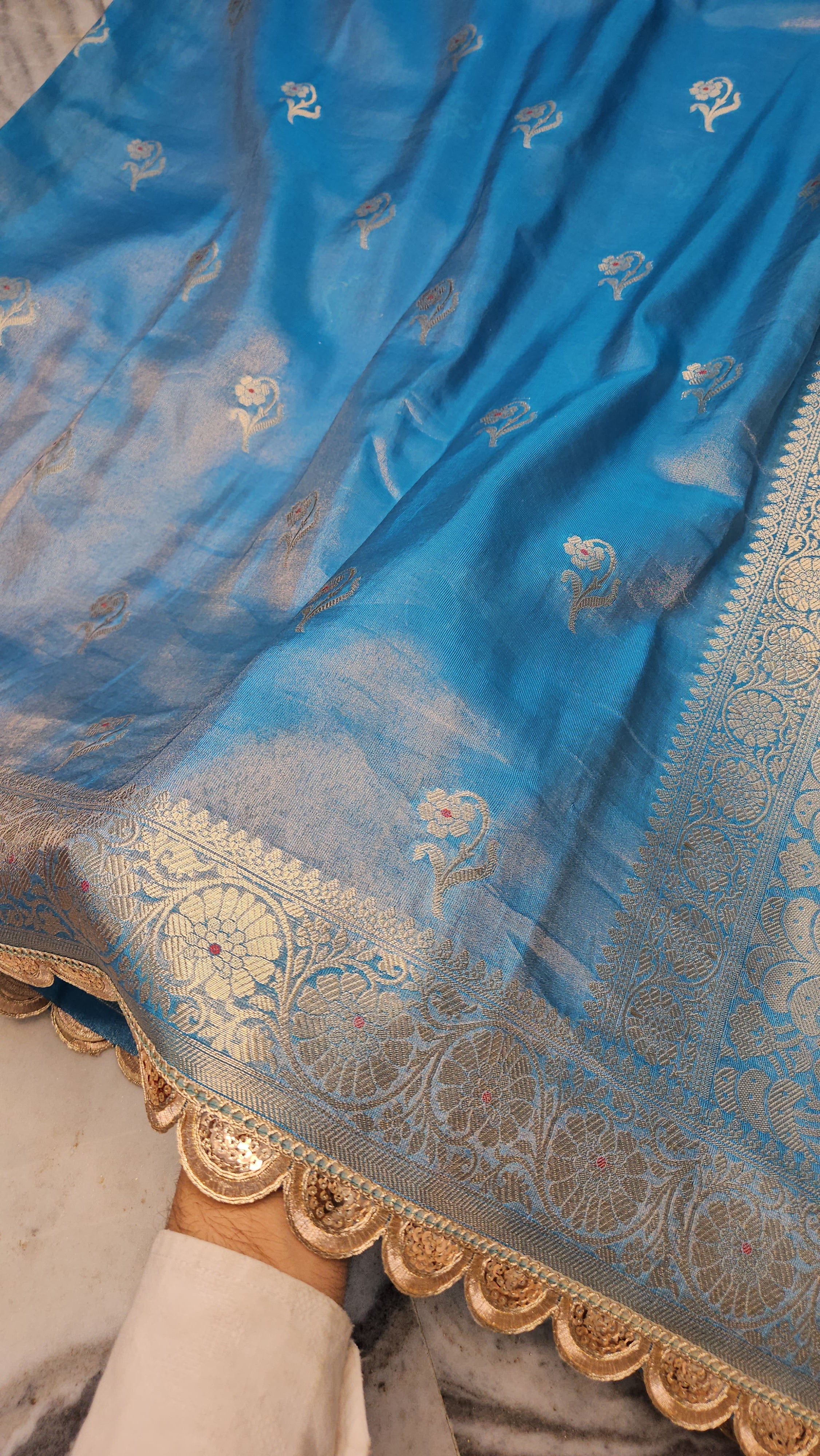 Firozi Blue Rajkumari Tissue Banarasi Silky Riwaayat faux Saree