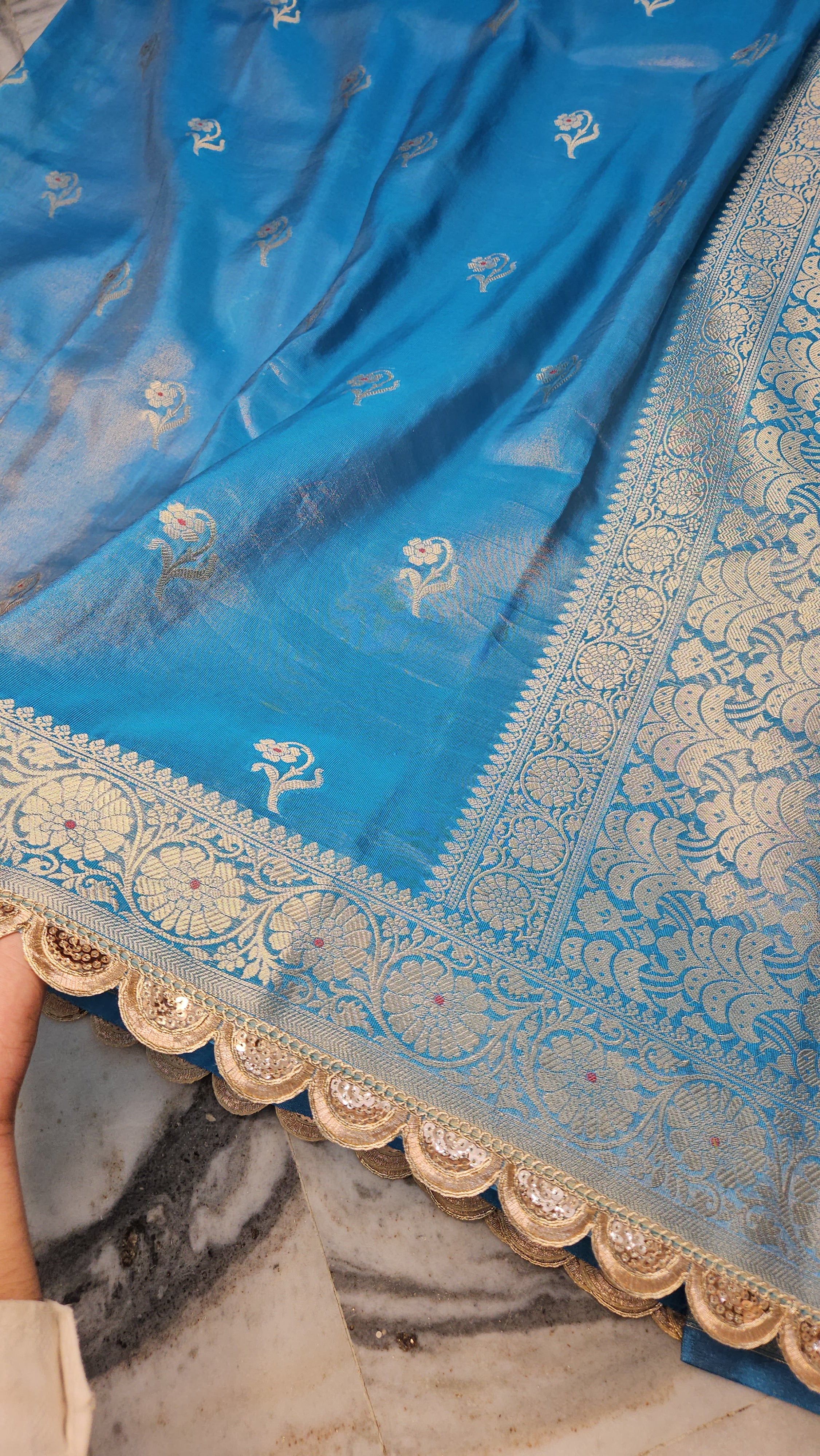 Firozi Blue Rajkumari Tissue Banarasi Silky Riwaayat faux Saree