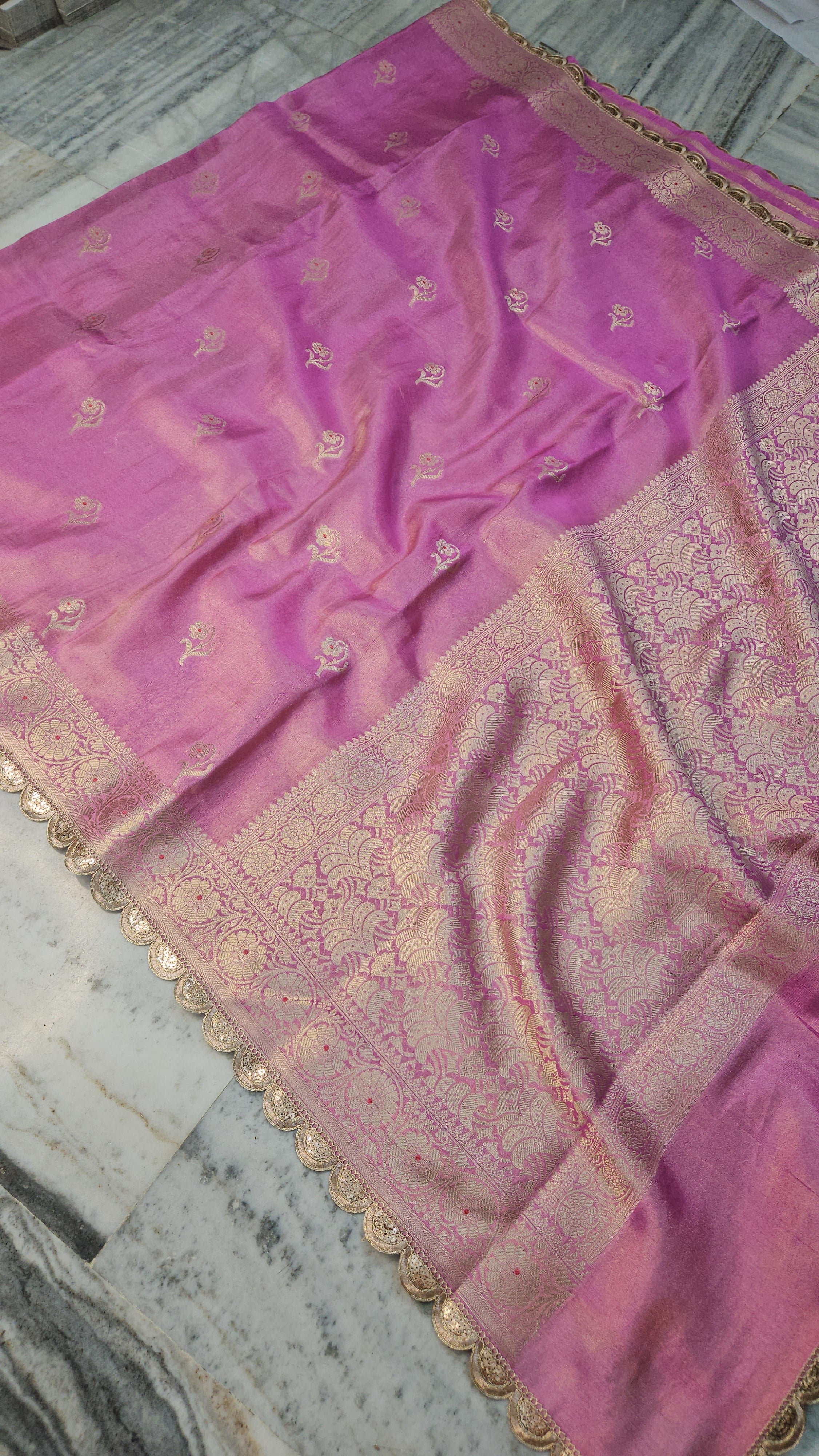 Iconic Pink Riwayat Tissue Banarasi Silky Rajkumari Lace Faux Saree