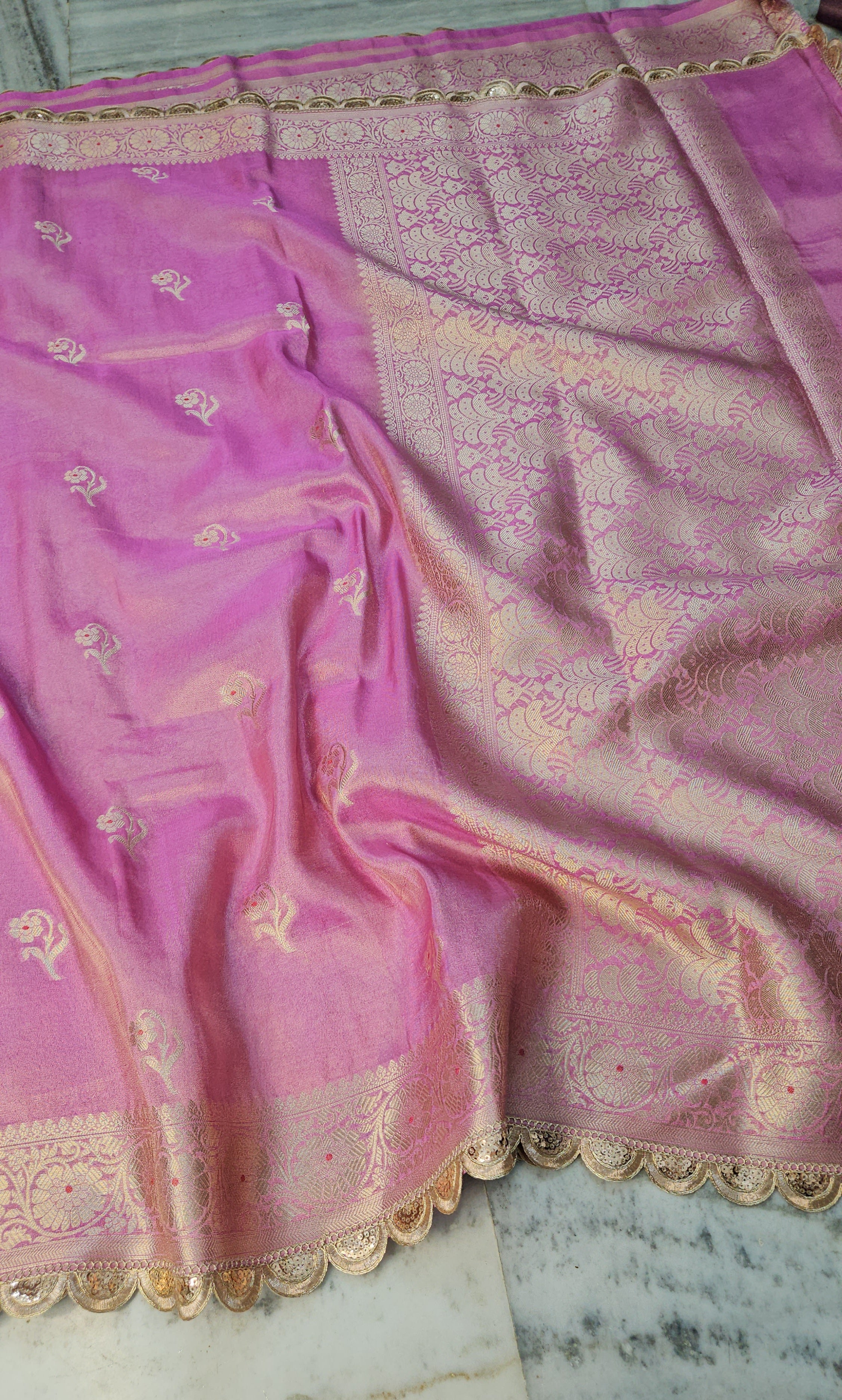 Iconic Pink Riwayat Tissue Banarasi Silky Rajkumari Lace Faux Saree