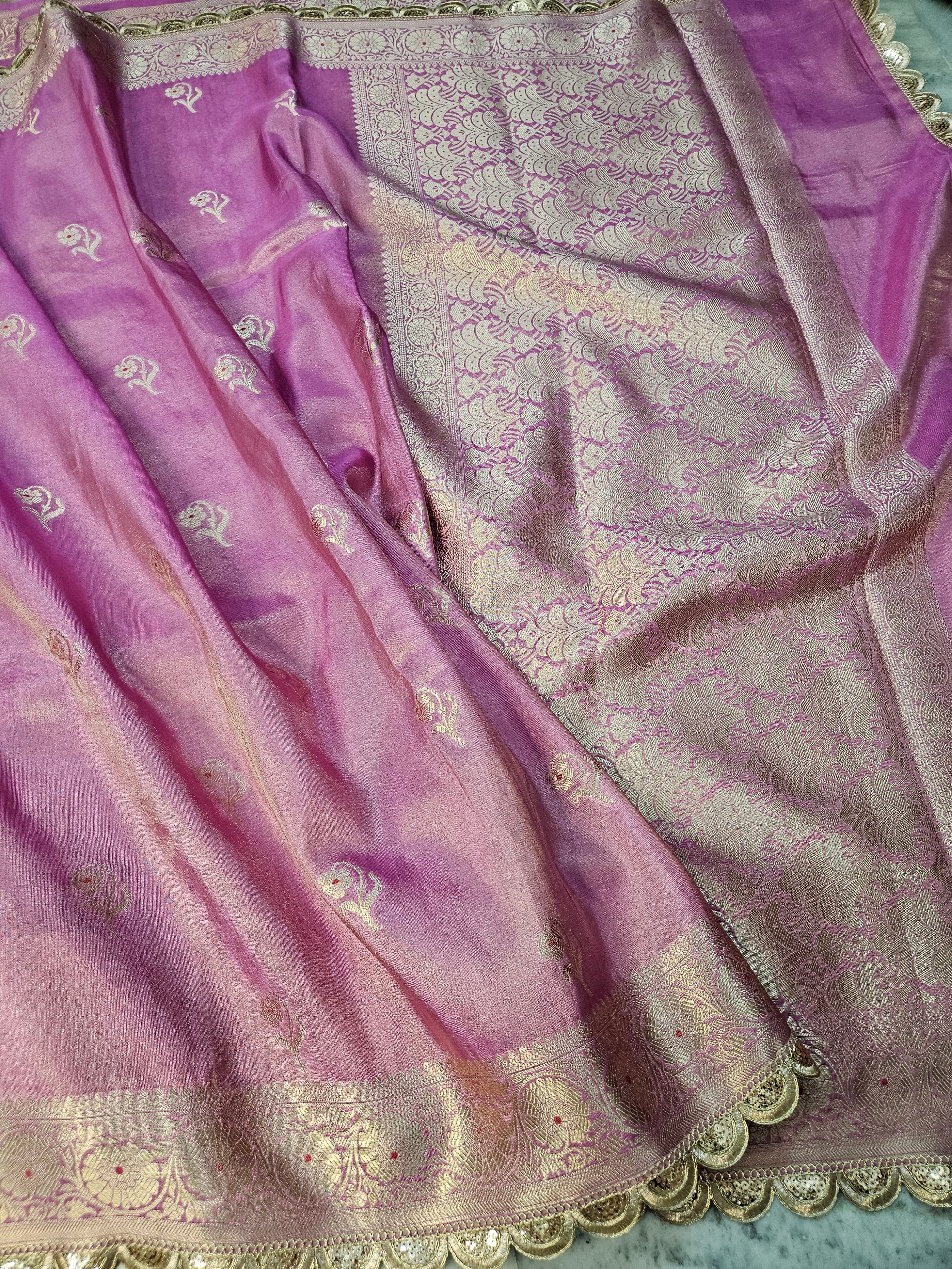 Iconic Pink Riwayat Tissue Banarasi Silky Rajkumari Lace Faux Saree