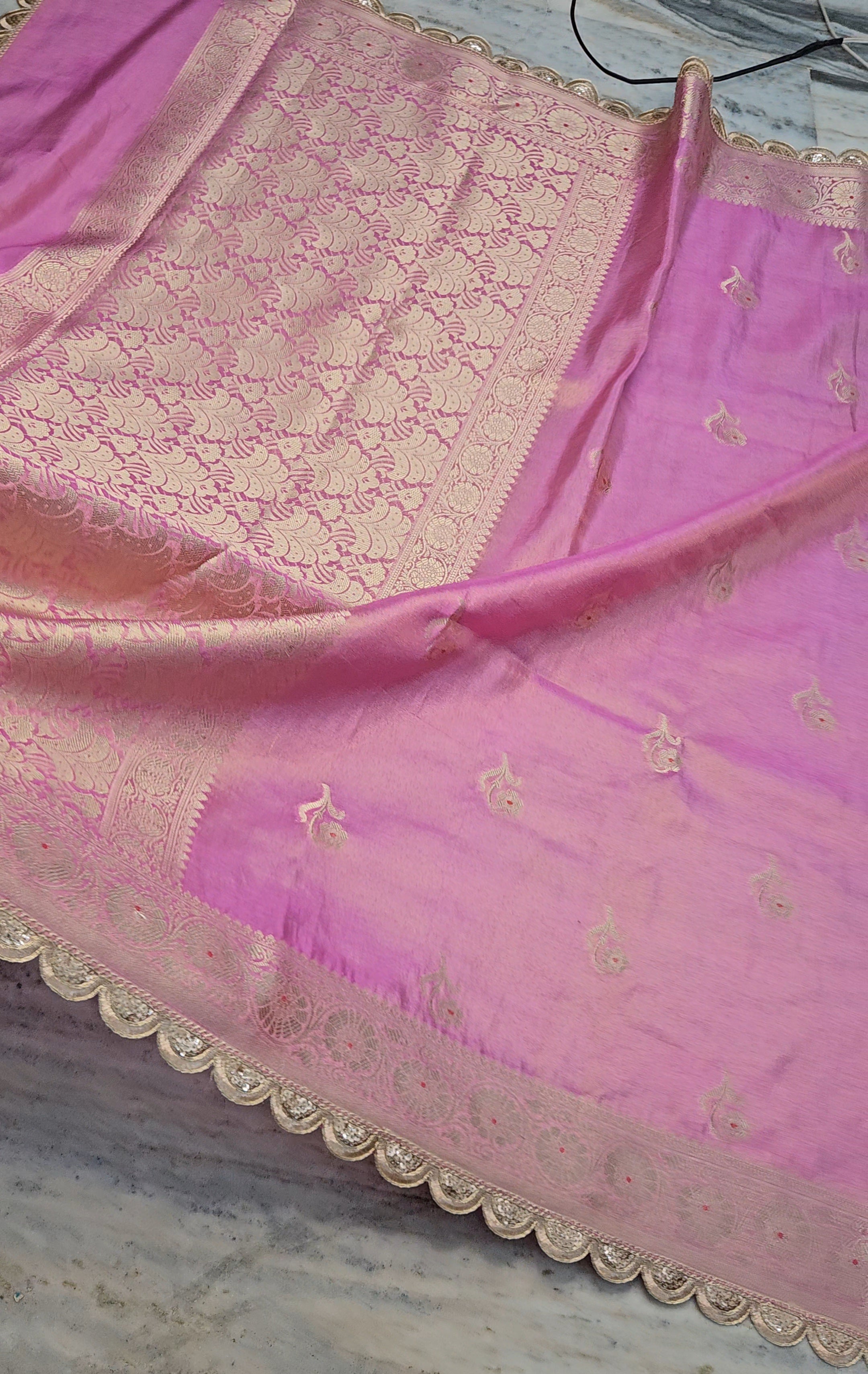 Iconic Pink Riwayat Tissue Banarasi Silky Rajkumari Lace Faux Saree