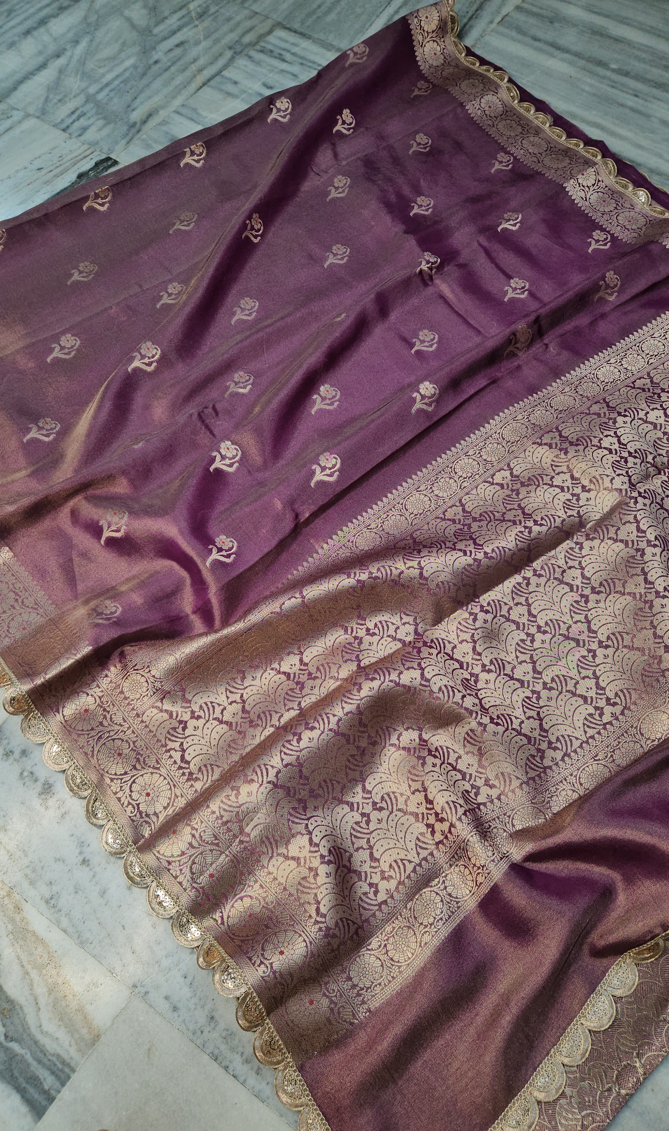 Tissue Banarasi Silky Rajkumari Lace Work Dusty Purple Faux Saree