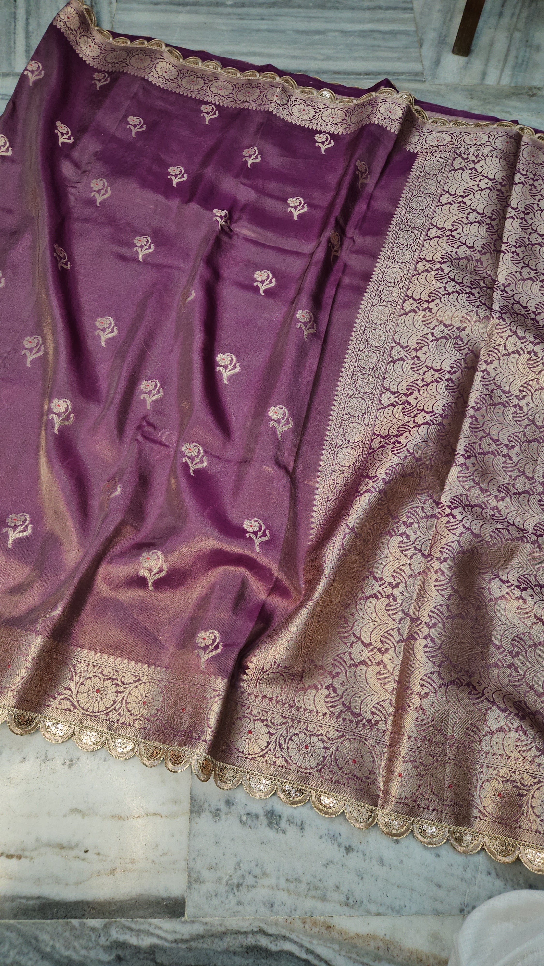 Tissue Banarasi Silky Rajkumari Lace Work Dusty Purple Faux Saree