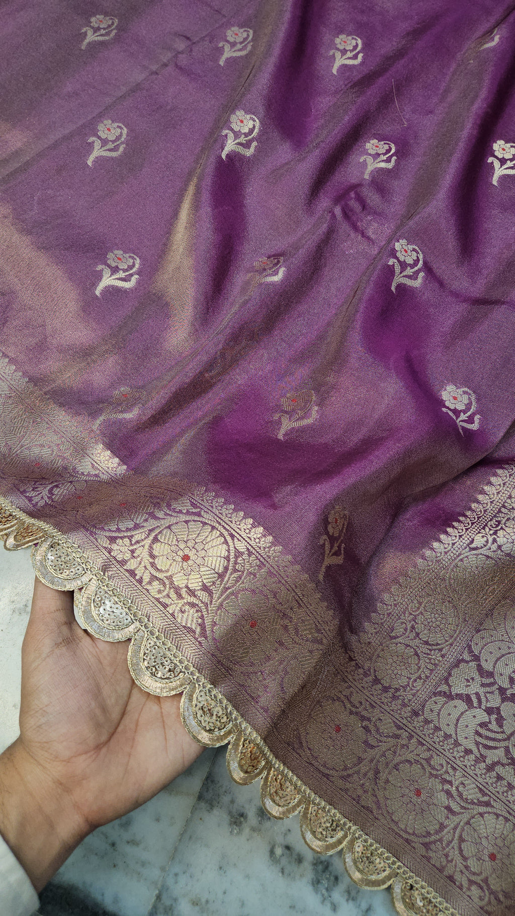 Tissue Banarasi Silky Rajkumari Lace Work Dusty Purple Faux Saree