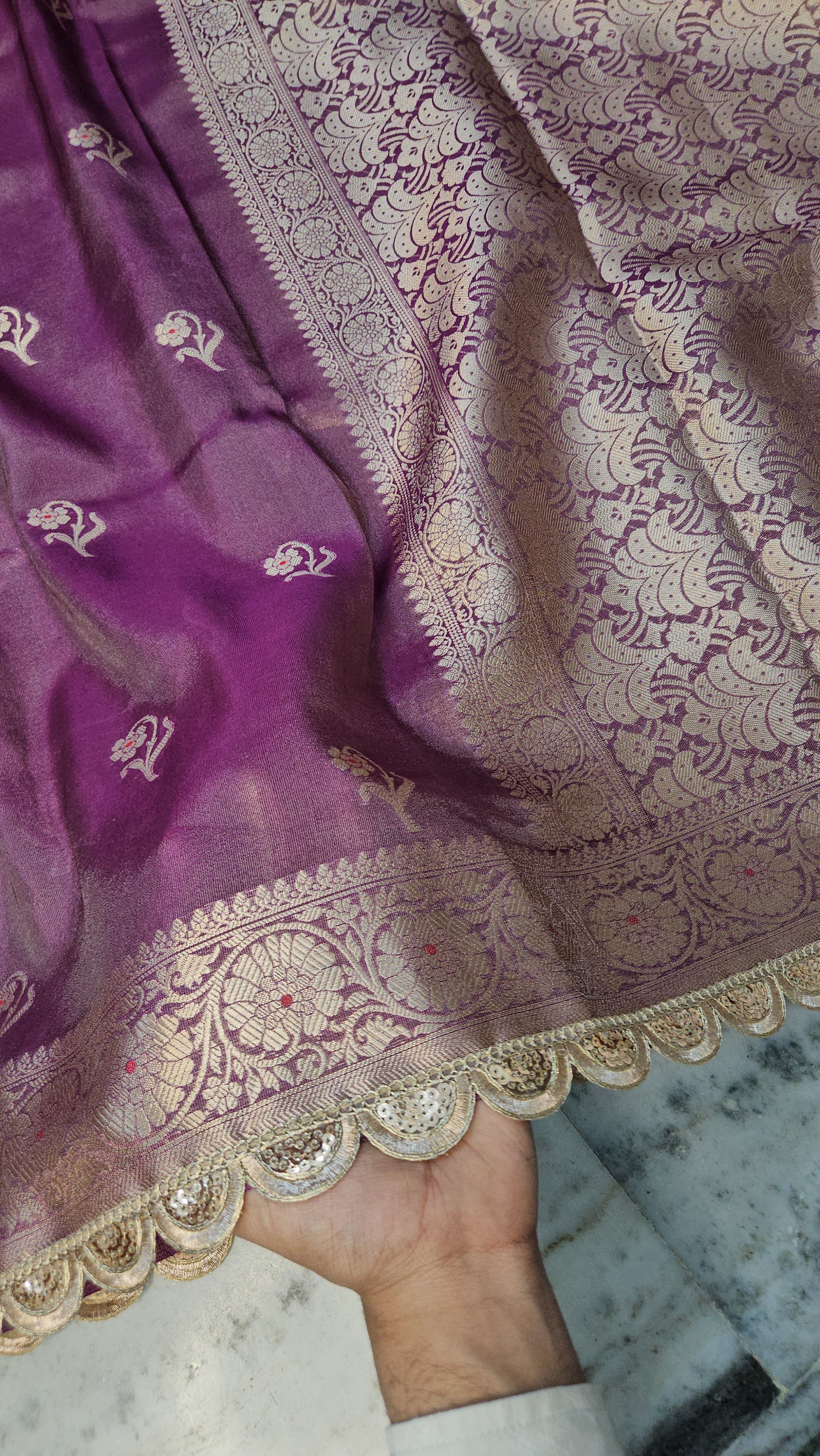 Tissue Banarasi Silky Rajkumari Lace Work Dusty Purple Faux Saree
