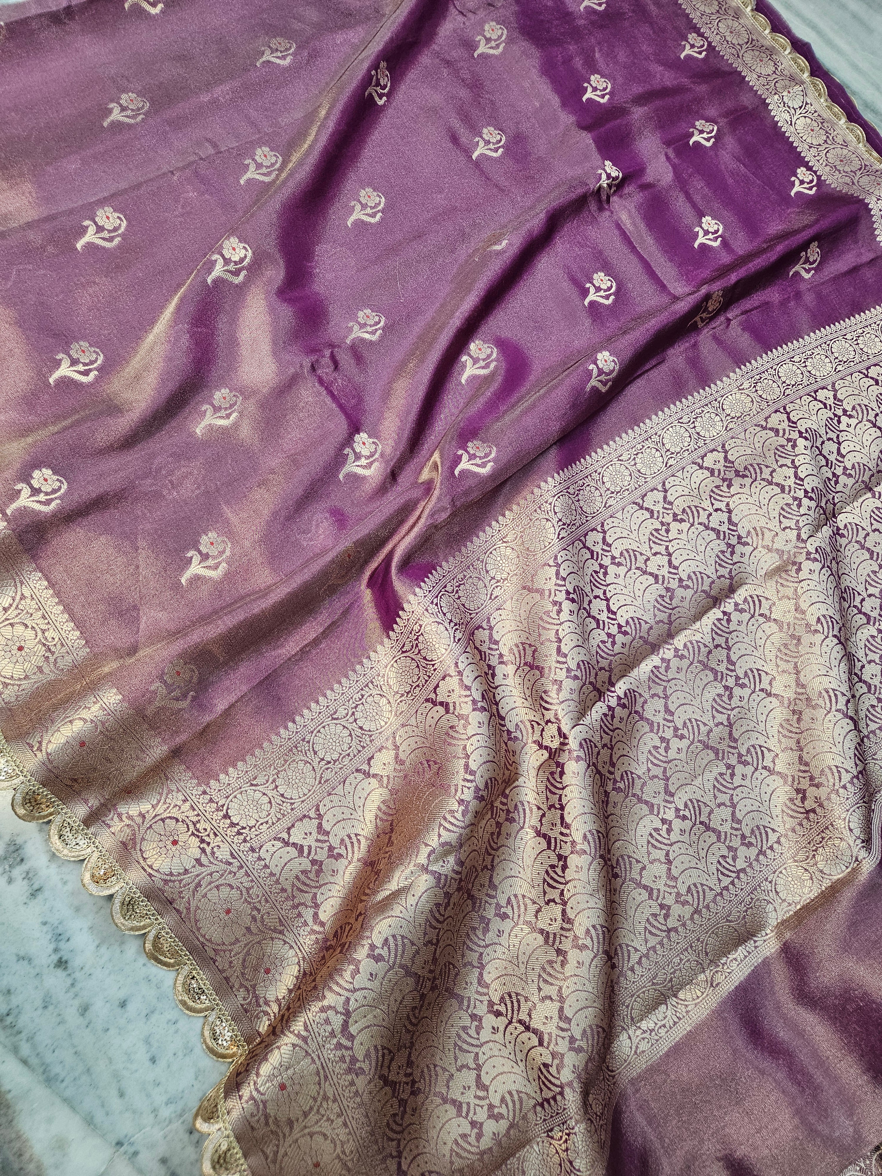 Tissue Banarasi Silky Rajkumari Lace Work Dusty Purple Faux Saree