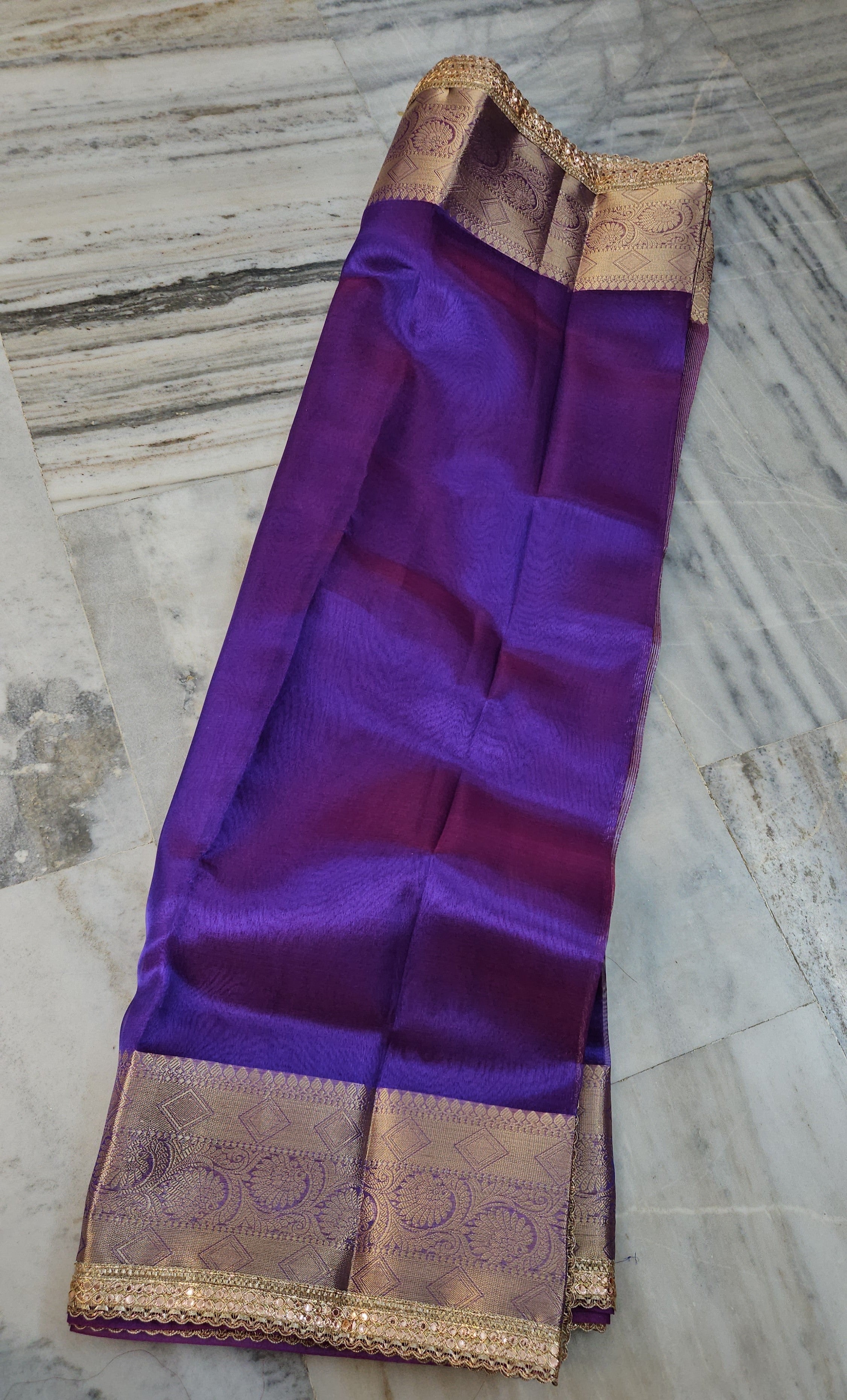 Glow Purple Riwaayat premium tissue faux mirror lace work Banarasi Saree
