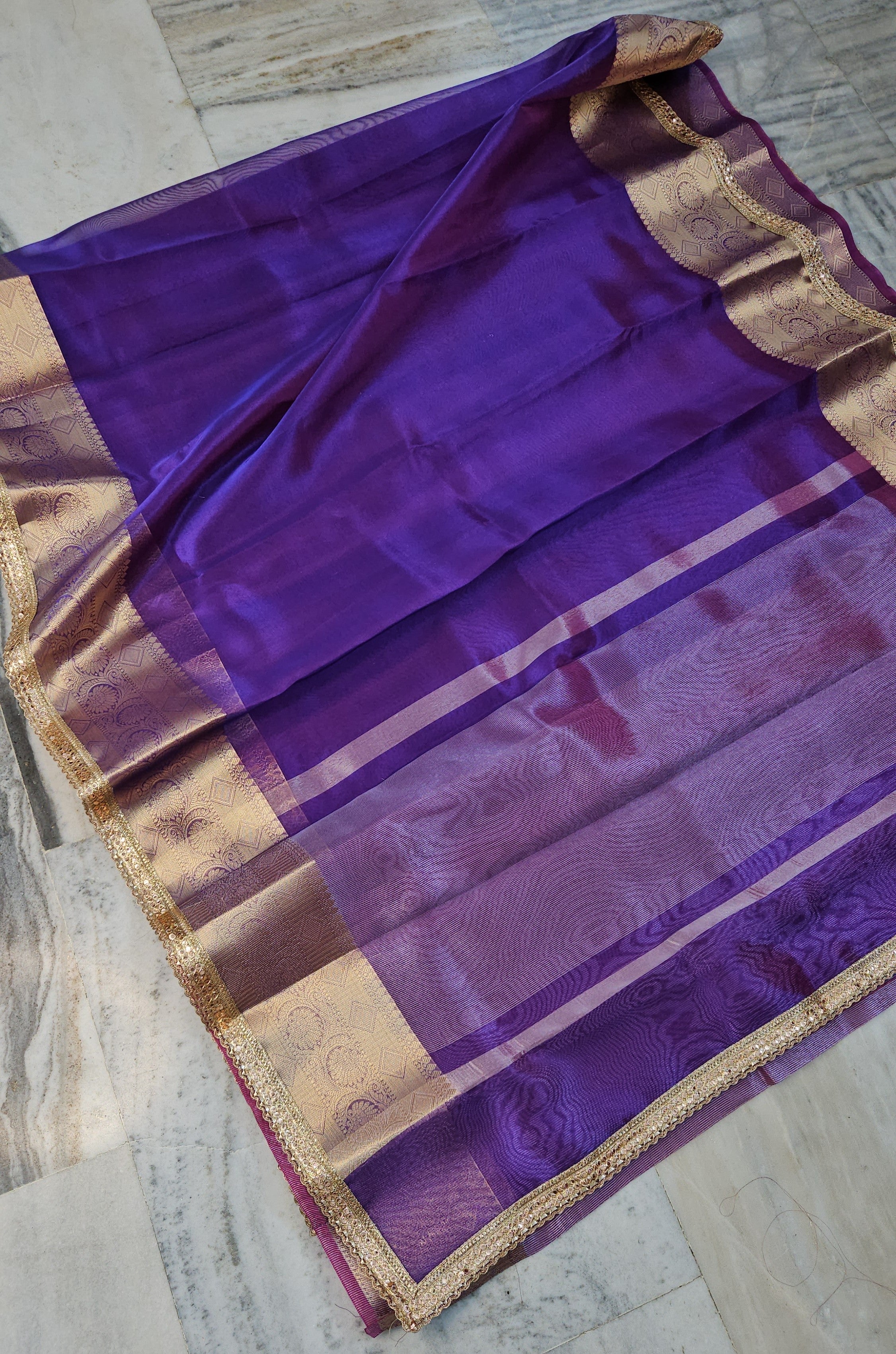 Glow Purple Riwaayat premium tissue faux mirror lace work Banarasi Saree